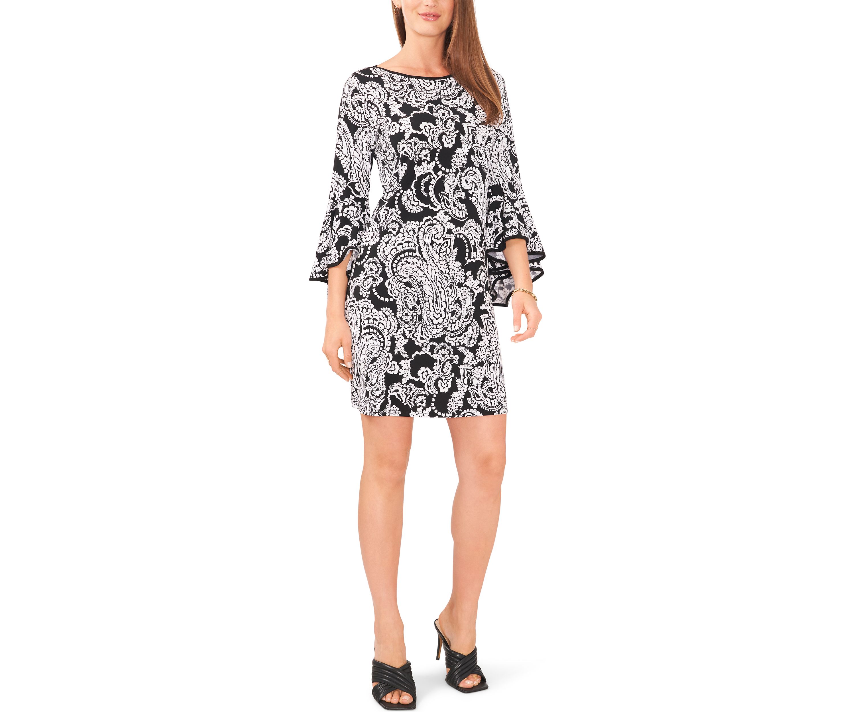Womens 3/4 Printed Bell Sleeve Mini Dress 