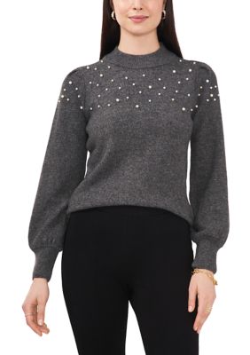 CHAUS Women's Puff Sleeve Sweater with Pearls, Grey, Small