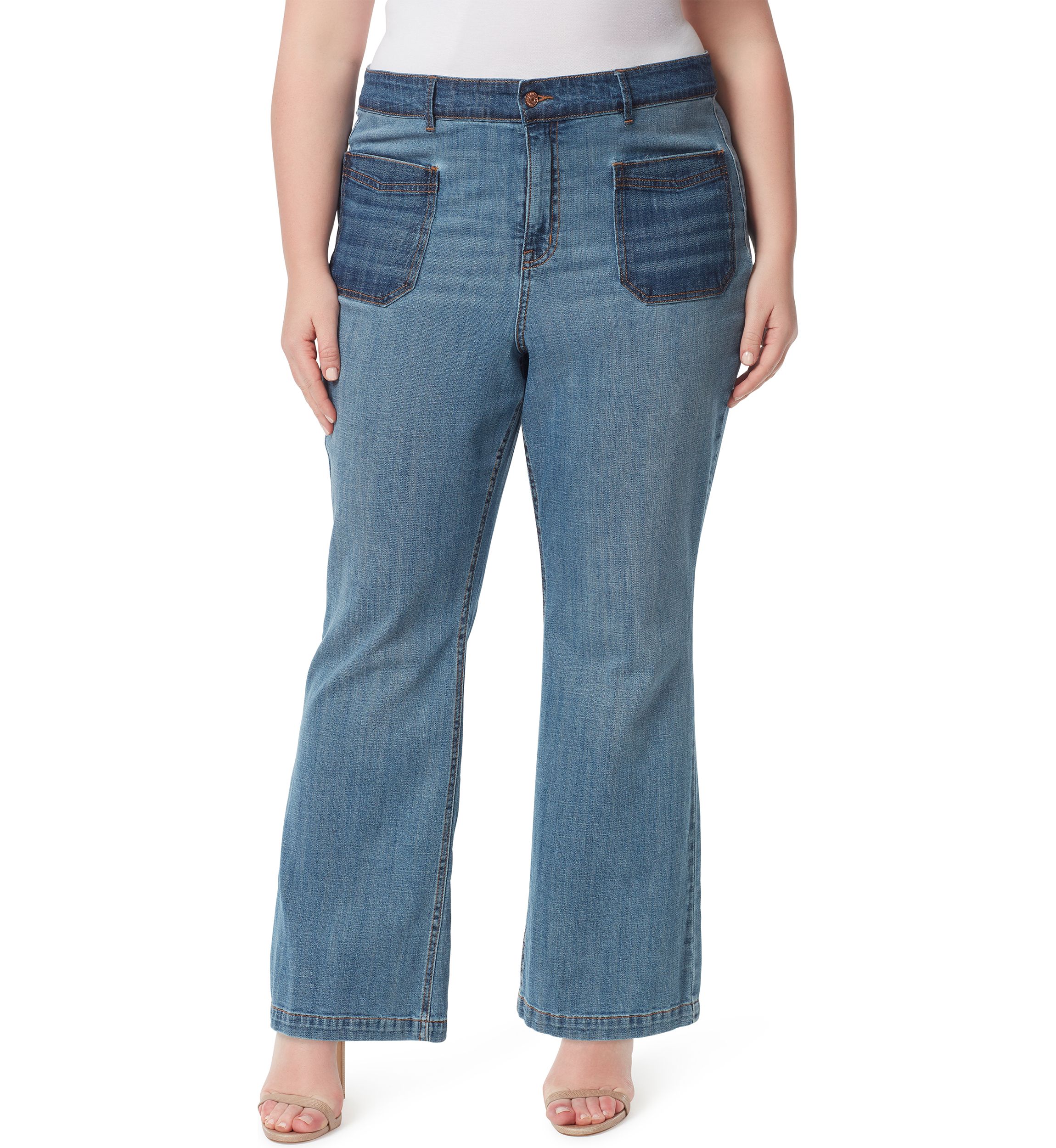 	  Plus Size Wide Leg Pocketed Denim Jeans 