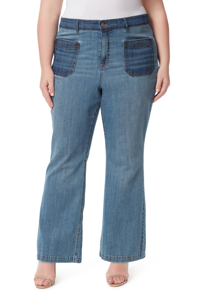 	  Plus Size Wide Leg Pocketed Denim Jeans 