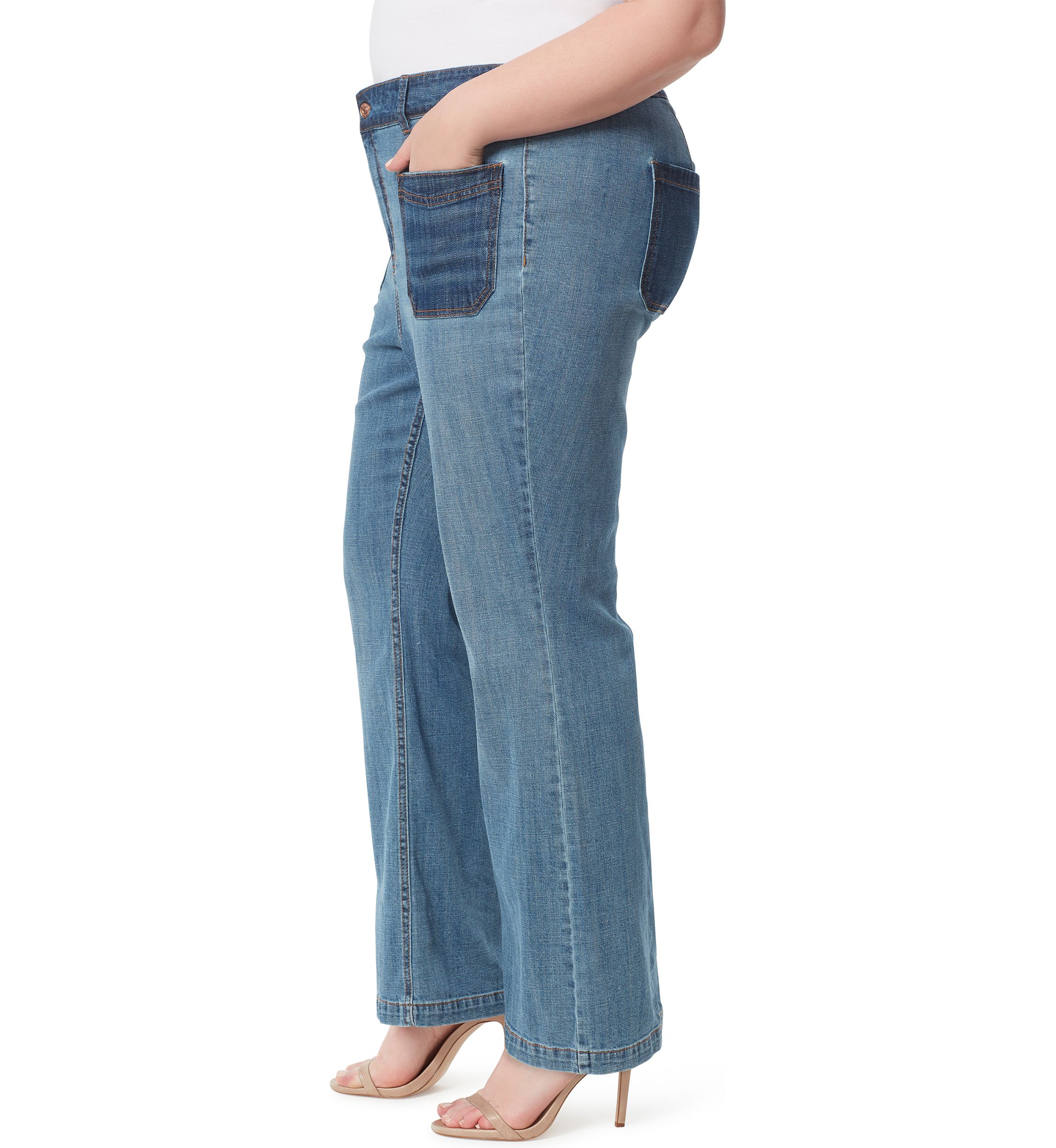 	  Plus Size Wide Leg Pocketed Denim Jeans 