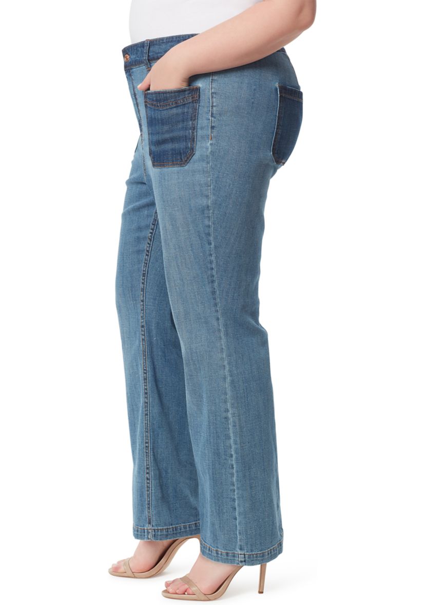 	  Plus Size Wide Leg Pocketed Denim Jeans 