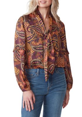 Jessica Simpson Women's Marisol Long Sleeve Tie Neck Top, Medium