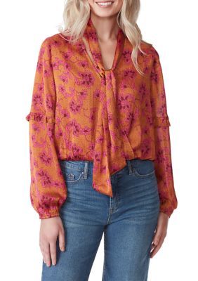 Jessica Simpson Women's Marisol Long Sleeve Tie Neck Top, Medium