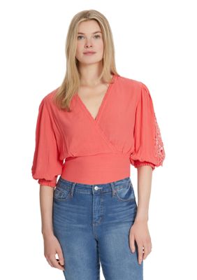 Jessica Simpson Women's Patsy Crochet Trim Wrap Blouse, Small