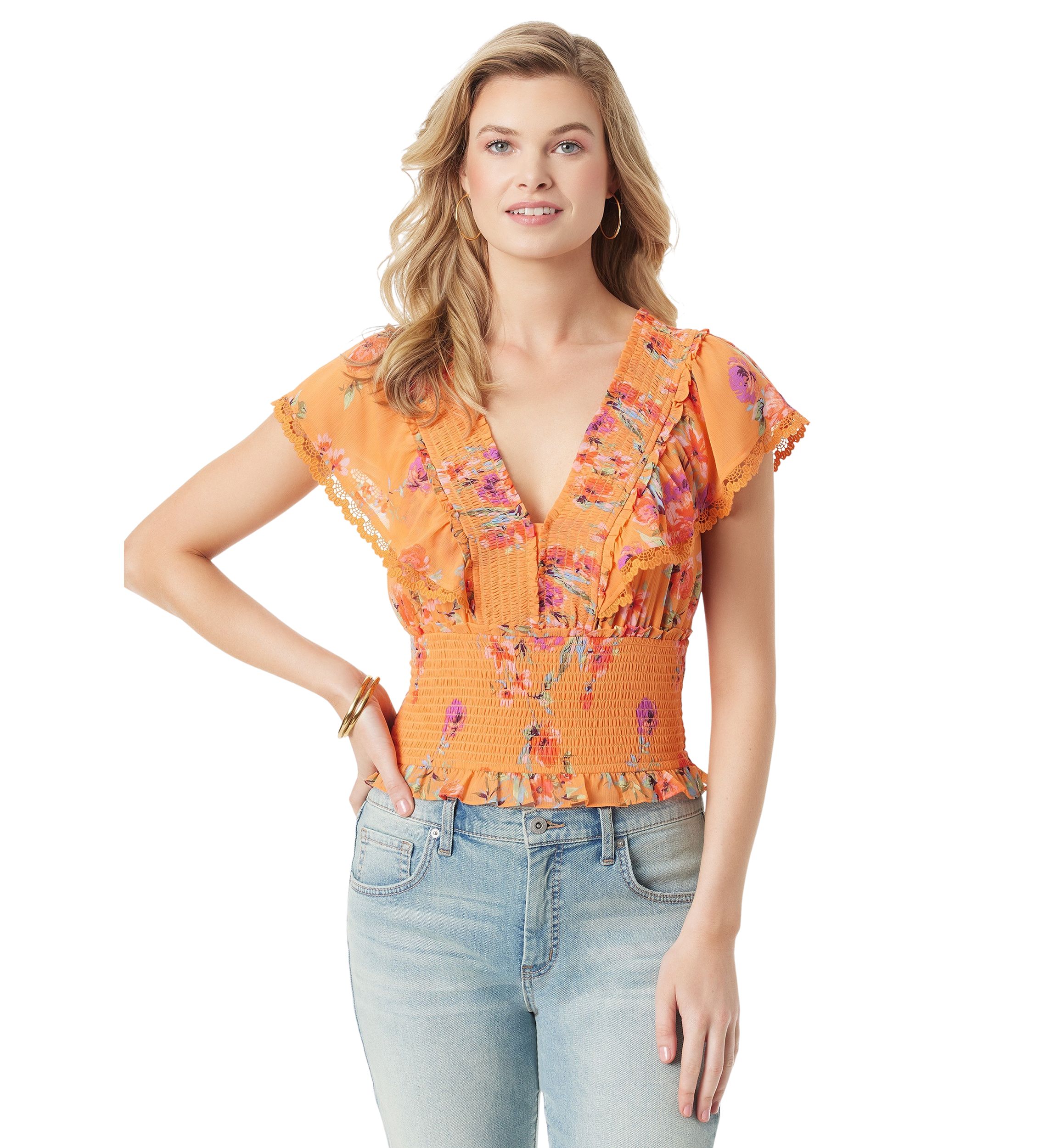 Womens Ruffle Printed Smock Waist Blouse