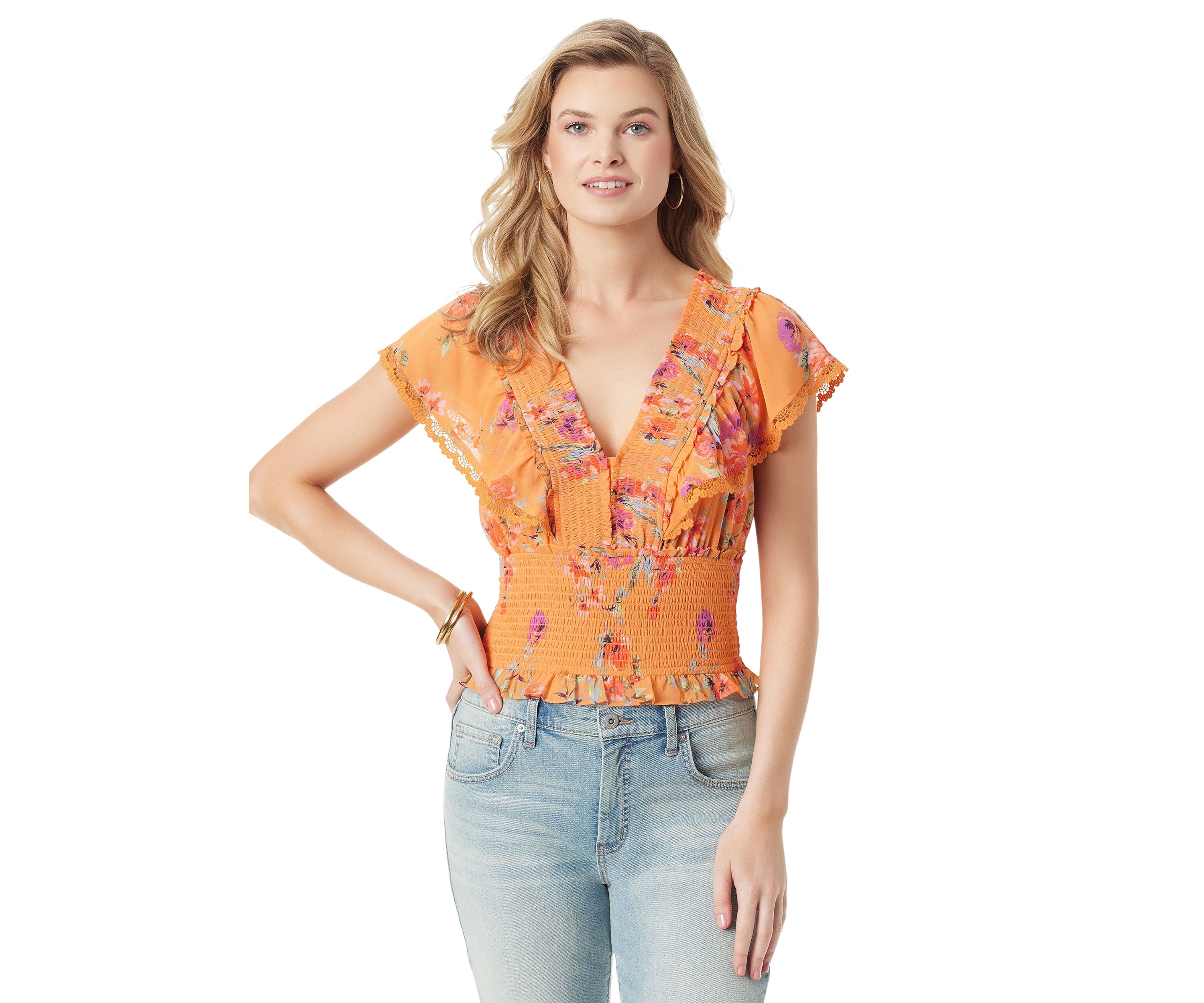 Womens Ruffle Printed Smock Waist Blouse