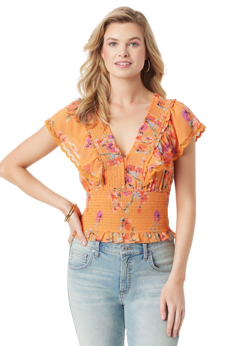 Womens Ruffle Printed Smock Waist Blouse
