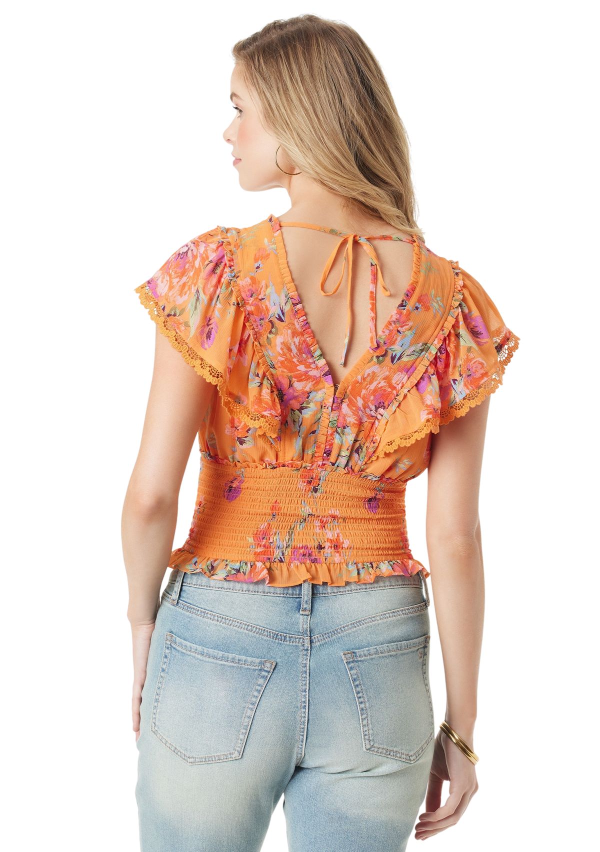 Womens Ruffle Printed Smock Waist Blouse