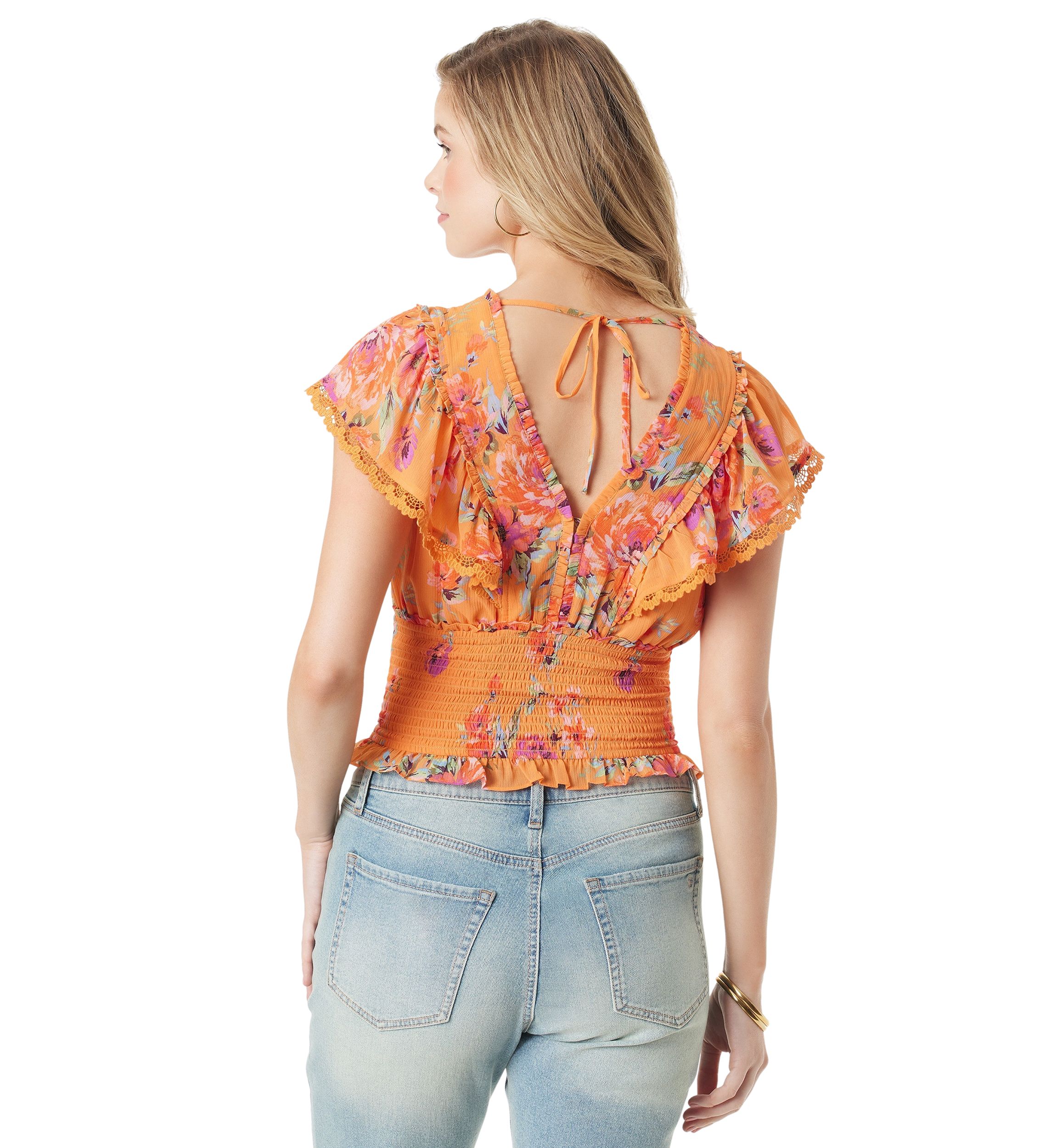 Womens Ruffle Printed Smock Waist Blouse