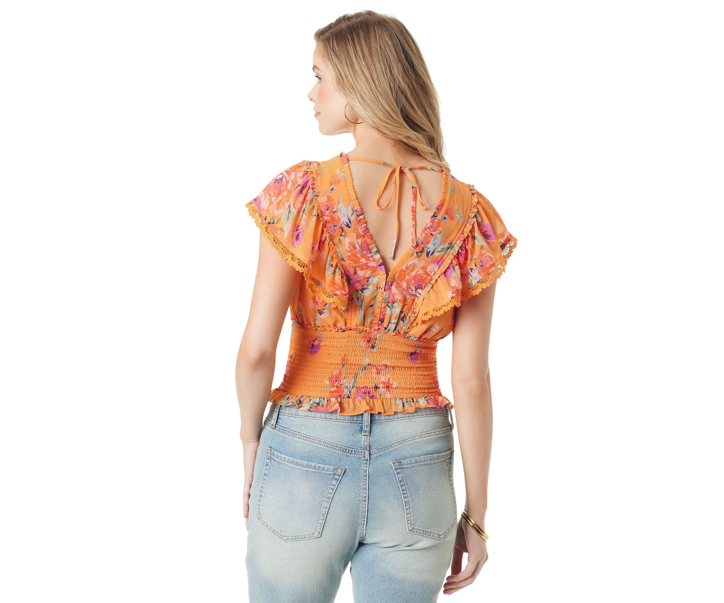 Womens Ruffle Printed Smock Waist Blouse