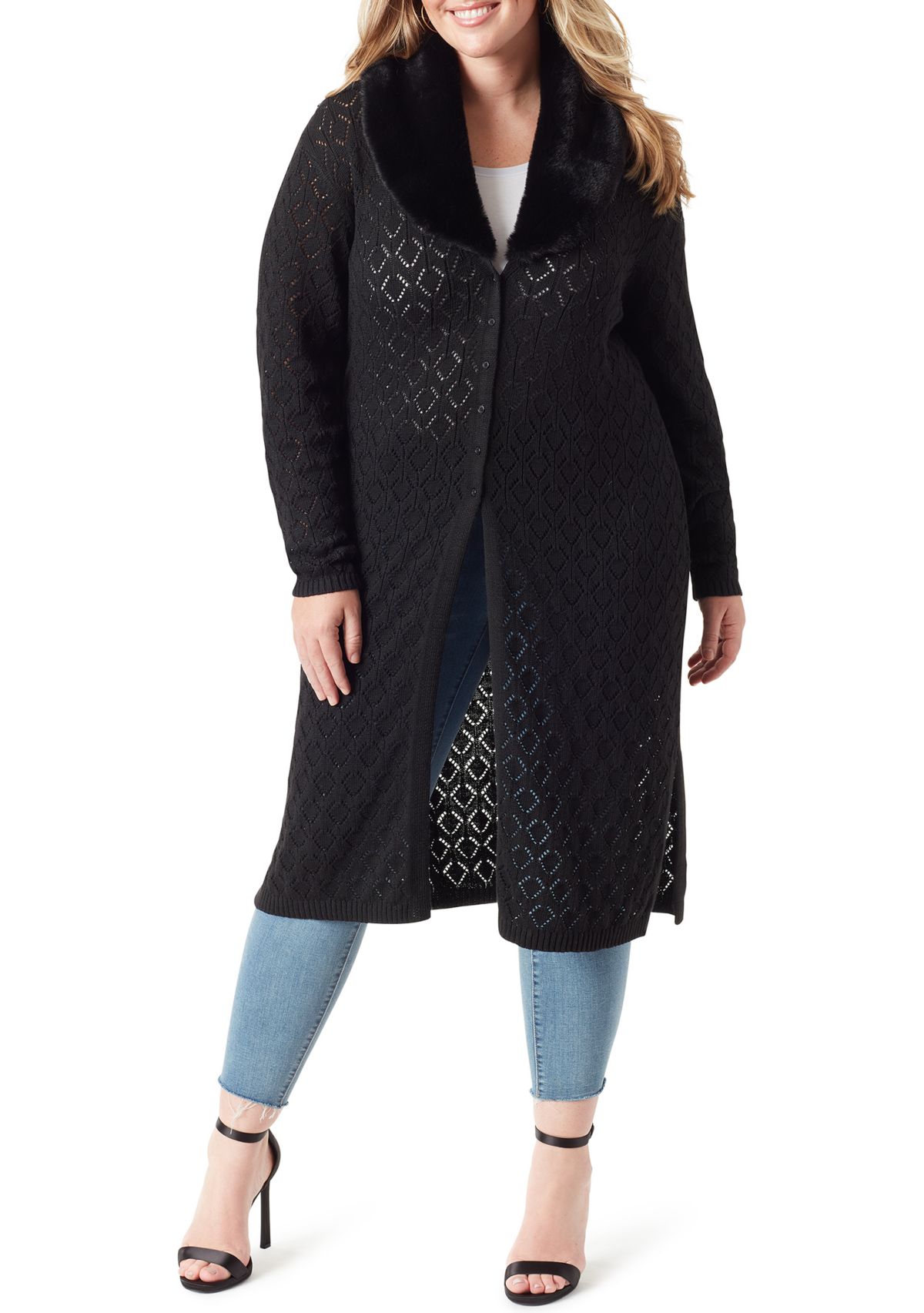 Plus Size Faux Fur Trim Pointelle Fleur Duster 