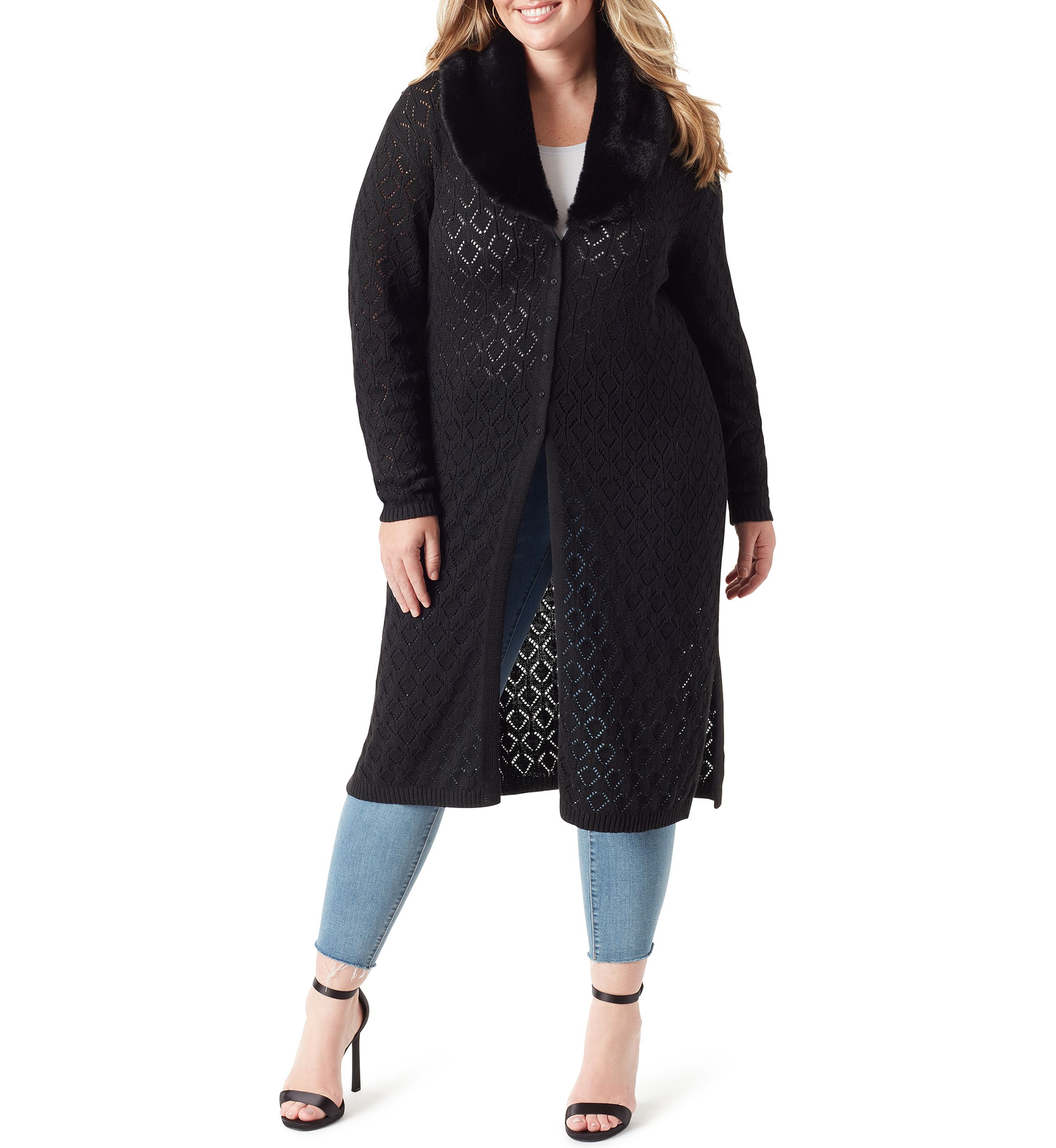 Plus Size Faux Fur Trim Pointelle Fleur Duster 