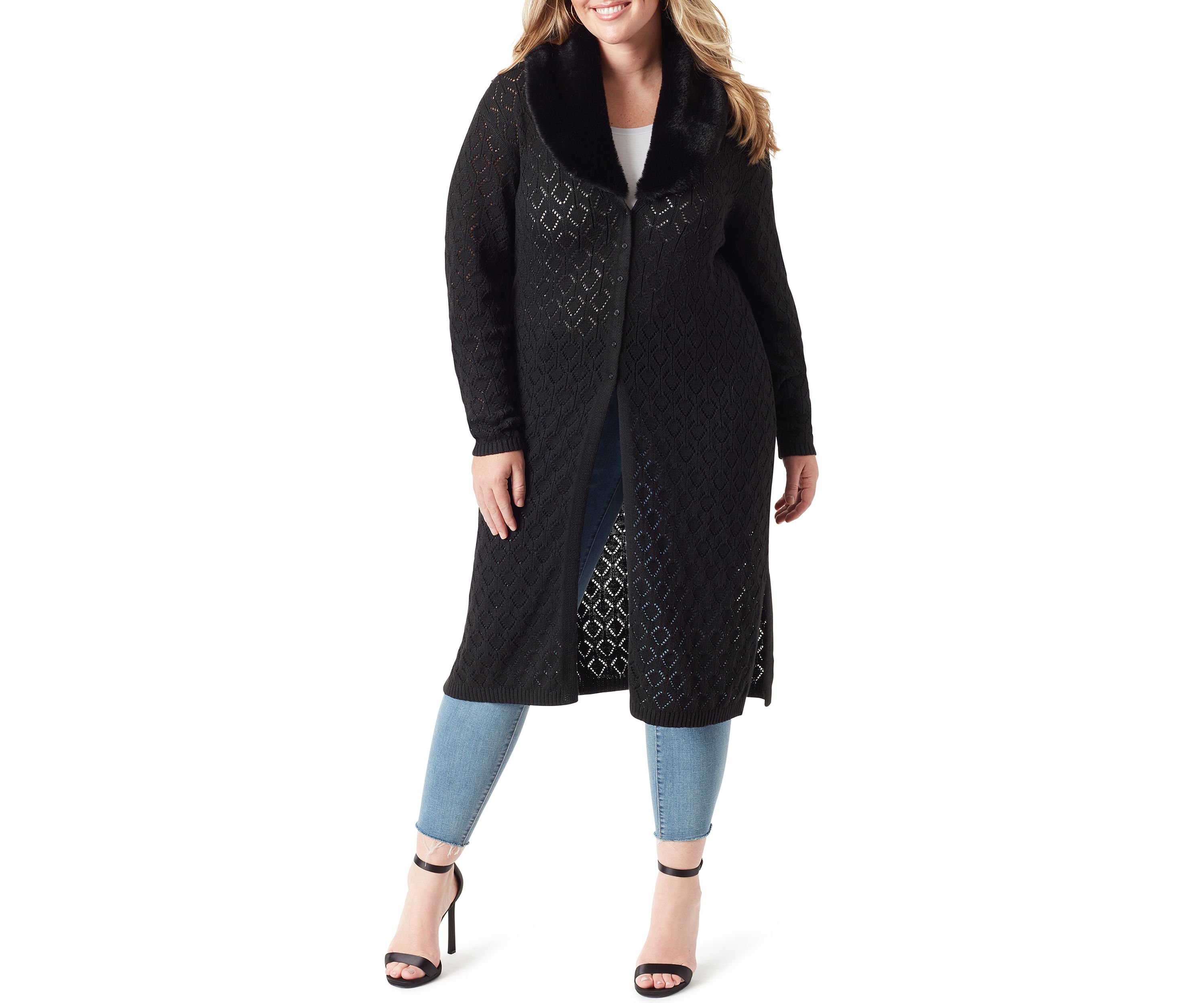 Plus Size Faux Fur Trim Pointelle Fleur Duster 