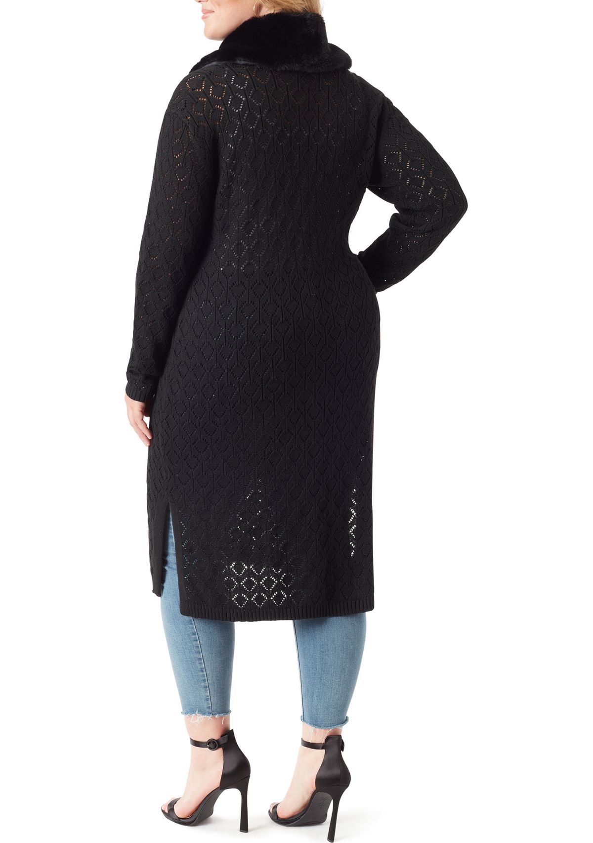 Plus Size Faux Fur Trim Pointelle Fleur Duster 