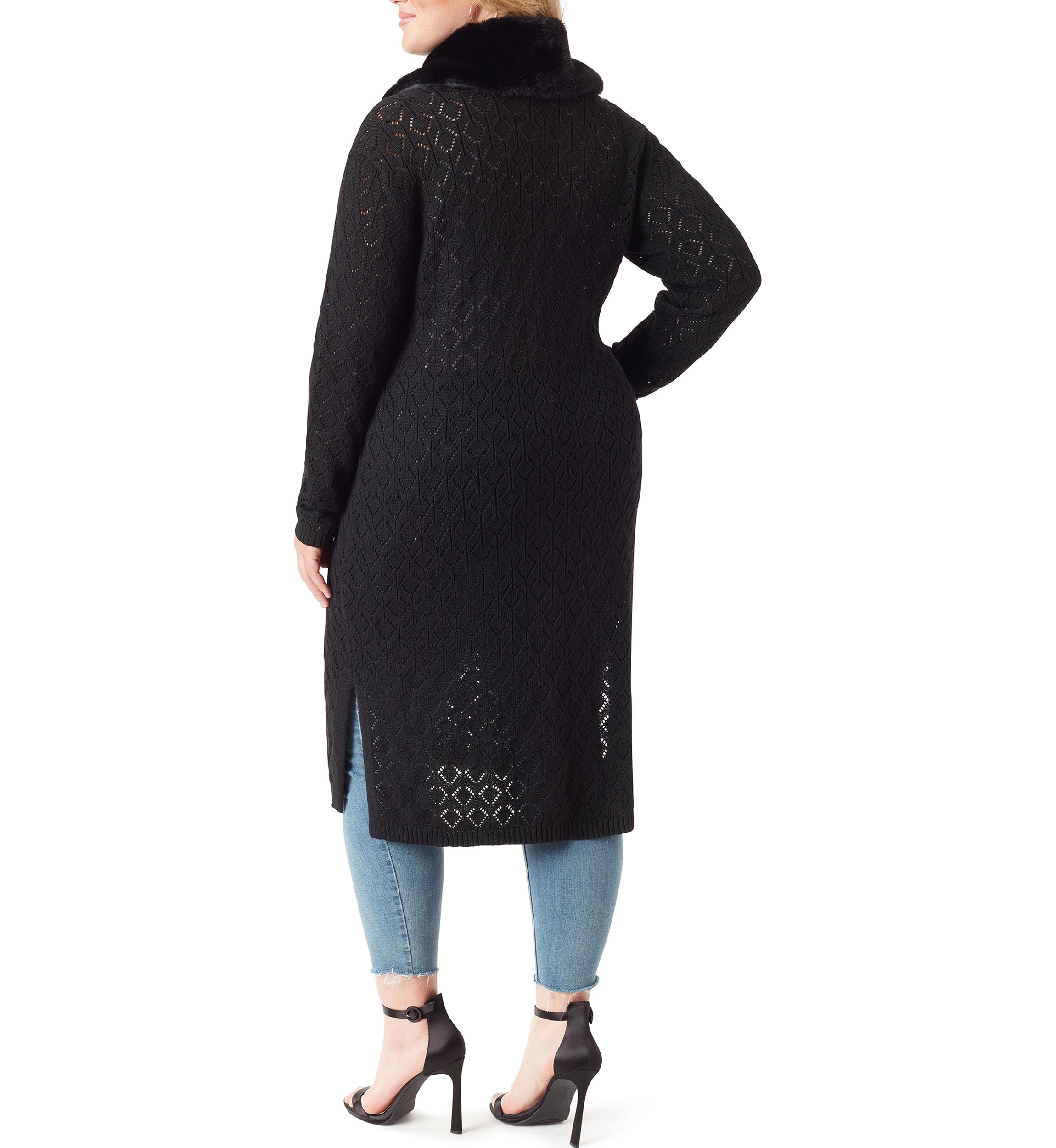 Plus Size Faux Fur Trim Pointelle Fleur Duster 