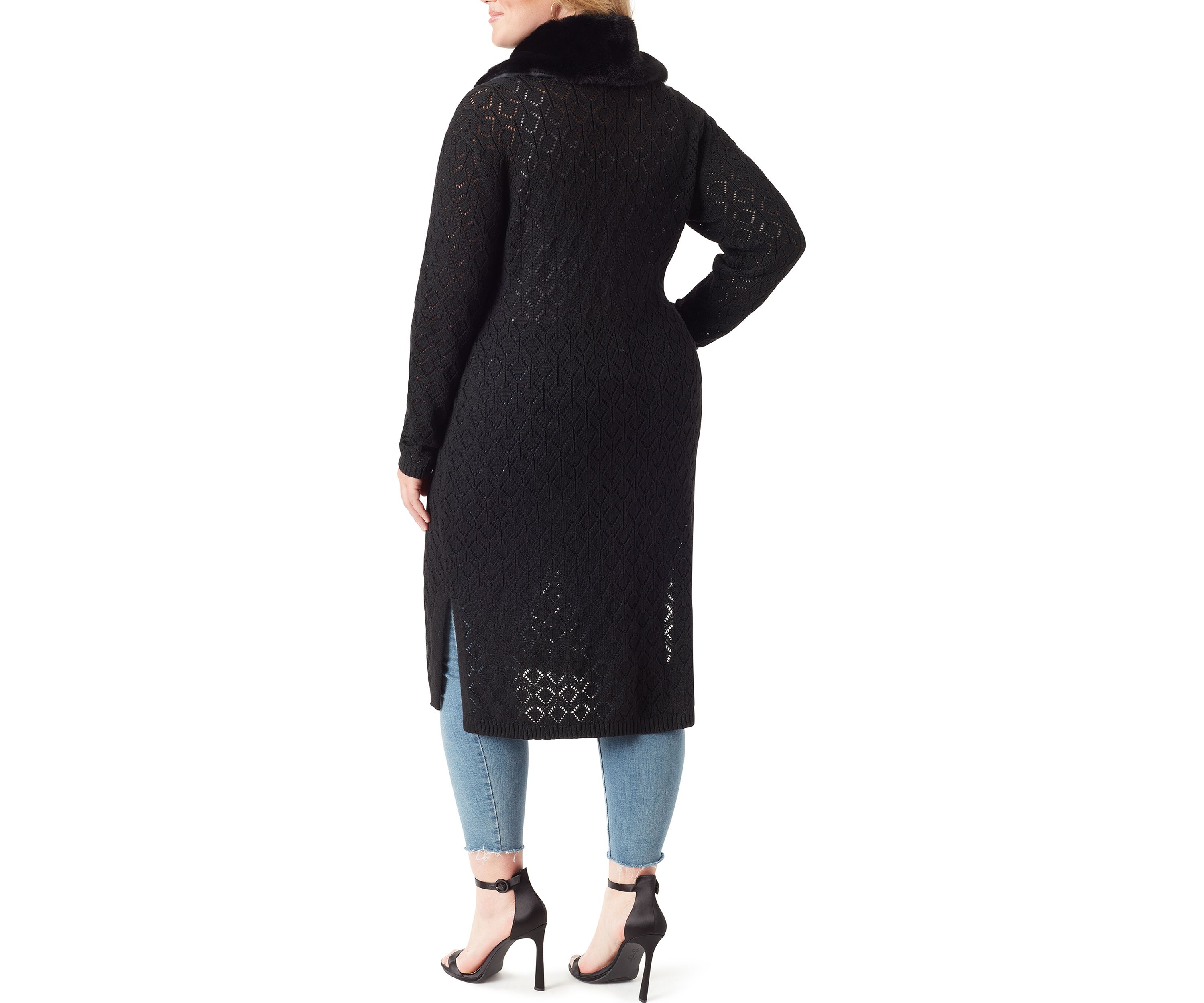 Plus Size Faux Fur Trim Pointelle Fleur Duster 