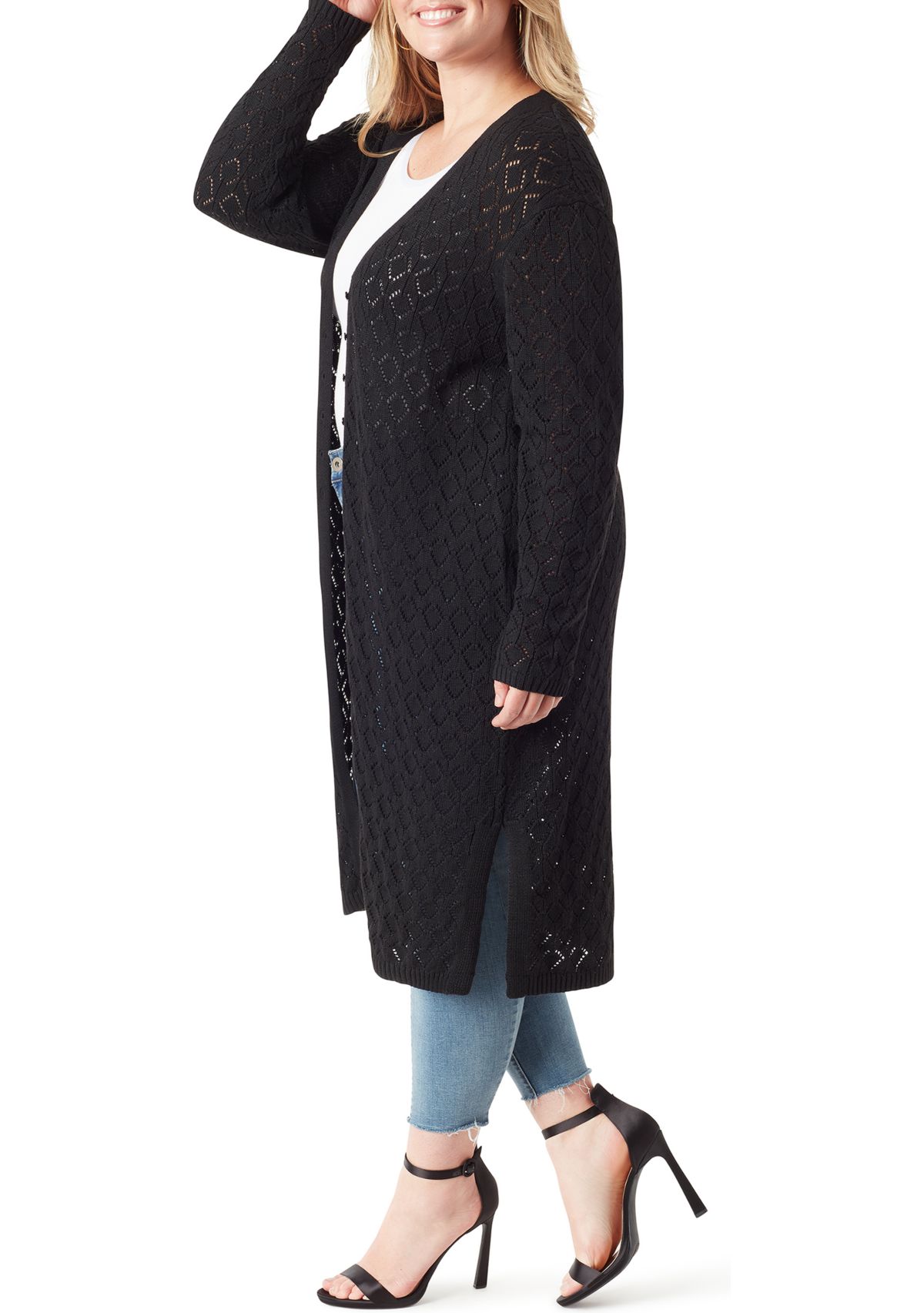 Plus Size Faux Fur Trim Pointelle Fleur Duster 