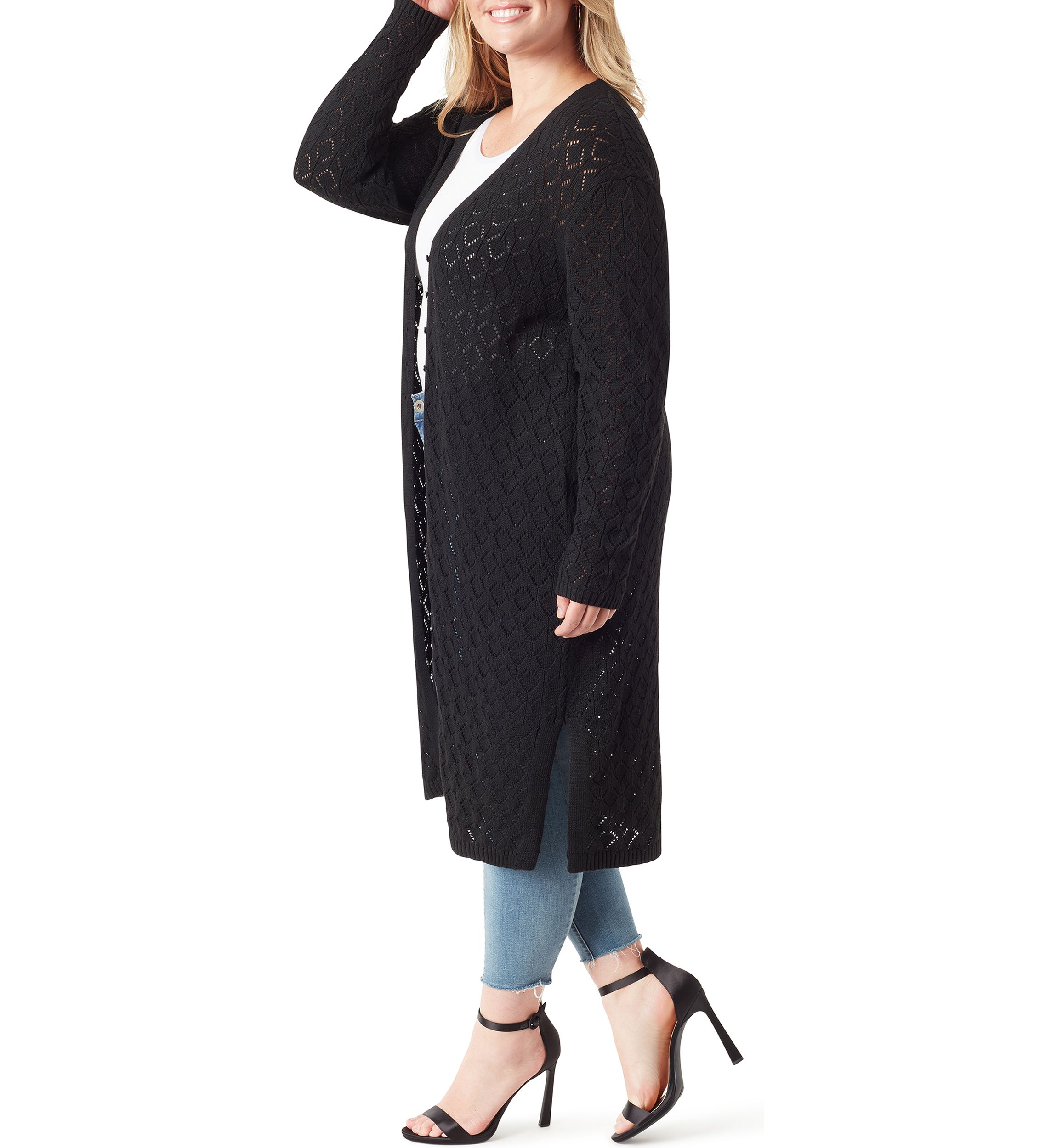 Plus Size Faux Fur Trim Pointelle Fleur Duster 