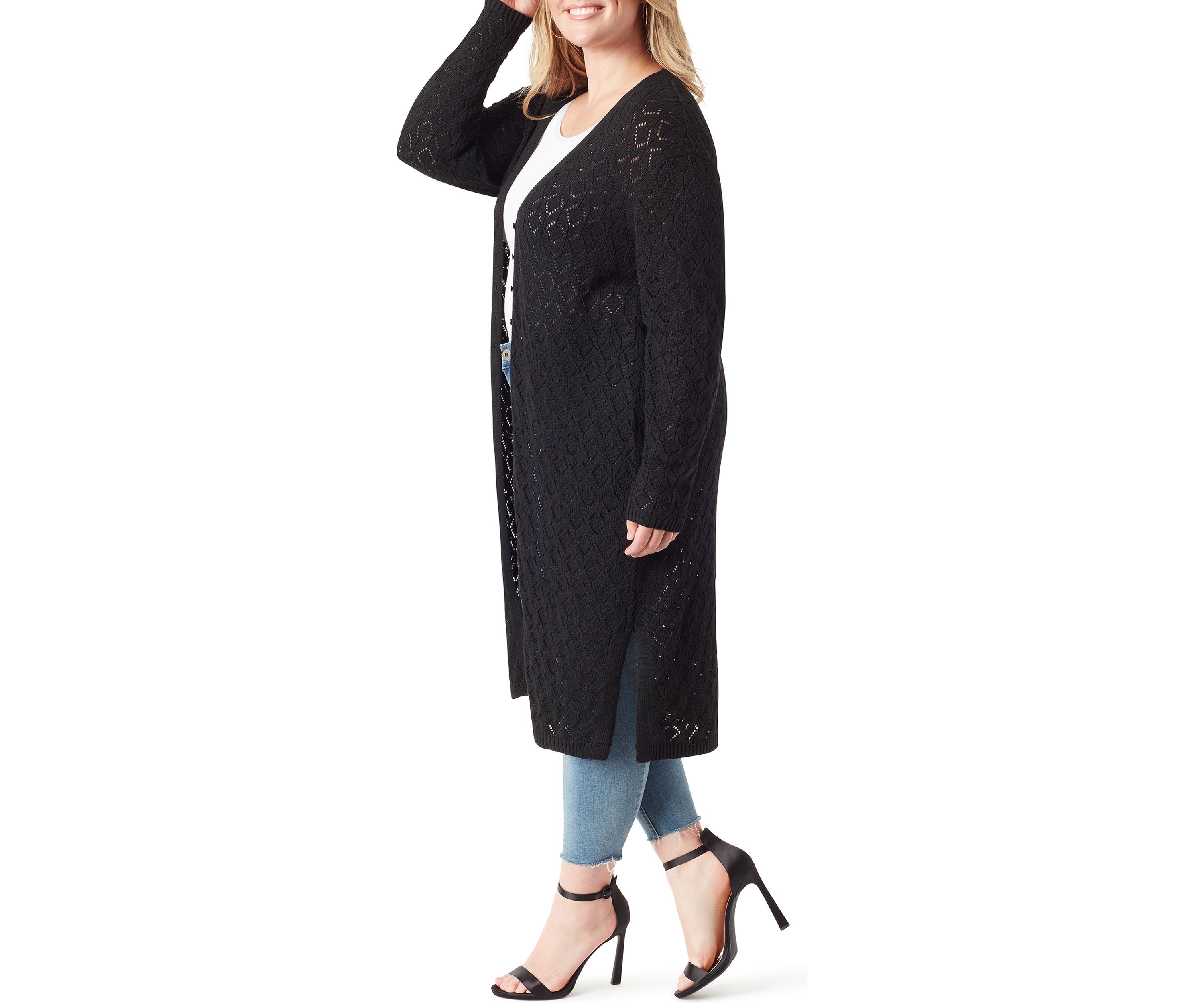 Plus Size Faux Fur Trim Pointelle Fleur Duster 