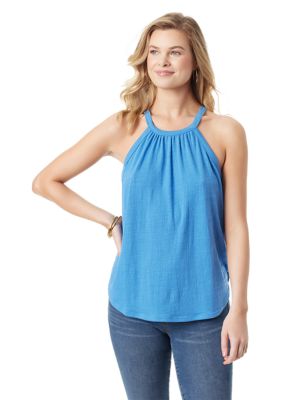 Waffle Notch Neck Top Big Girls 7-16 - Blue