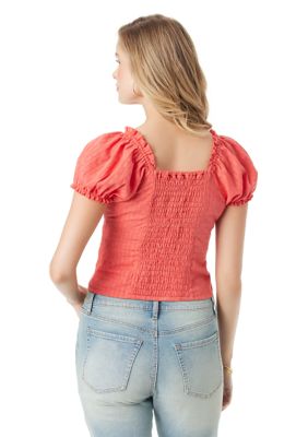 Juniors' SO® Smocked Bottom Cinched Sleeve Top