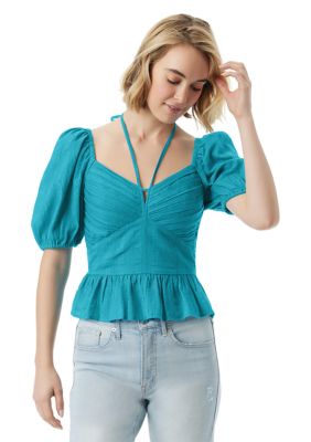 Jessica Simpson Women's Puff Sleeve Tie Neck Top, Blue, XL