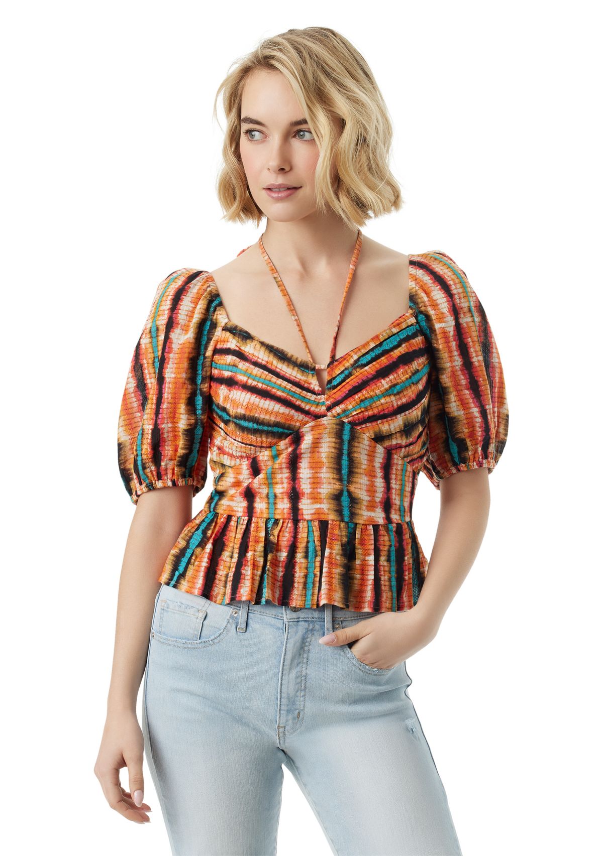 Womens Puff Sleeve Tie Neck Top