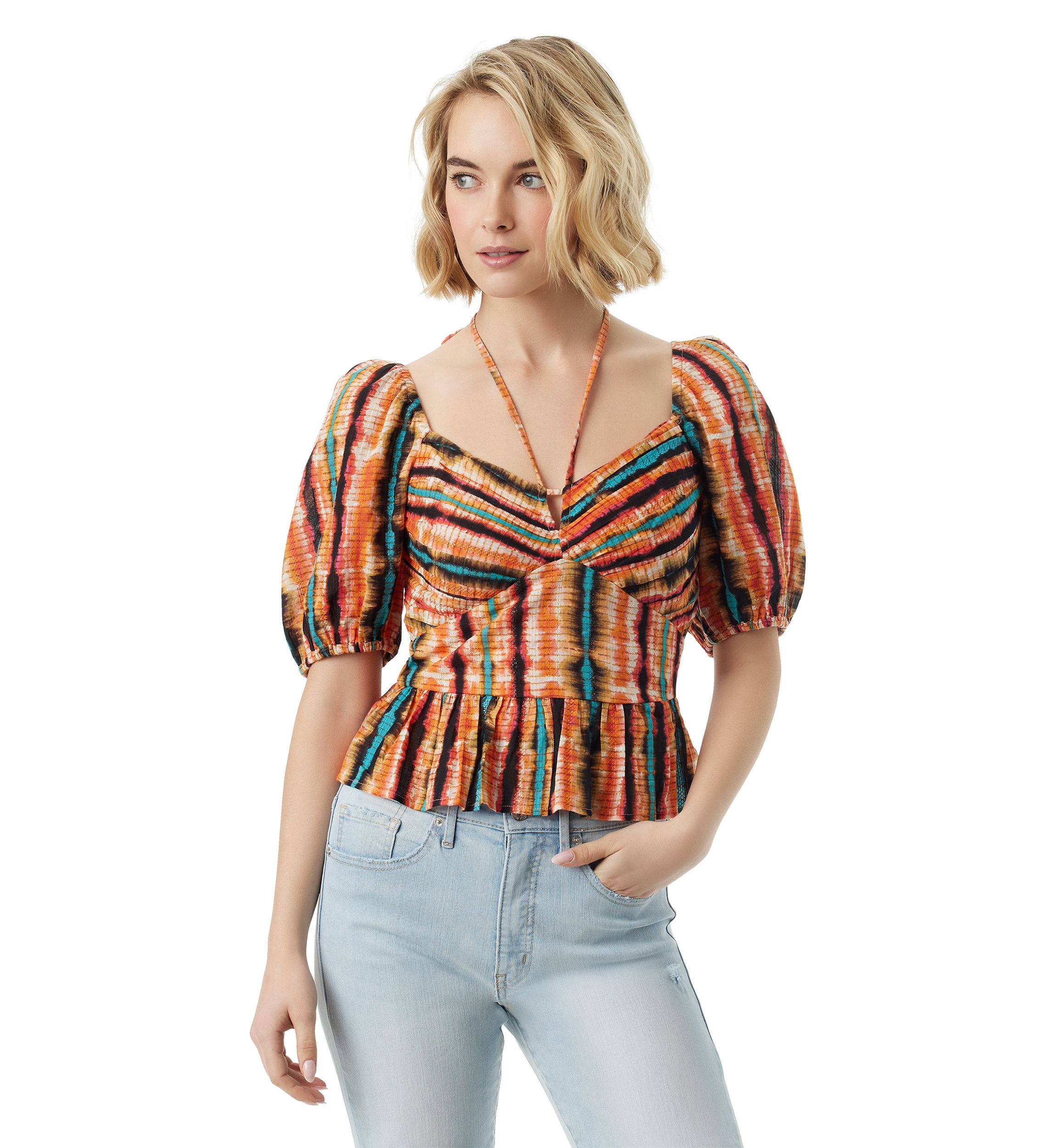 Womens Puff Sleeve Tie Neck Top