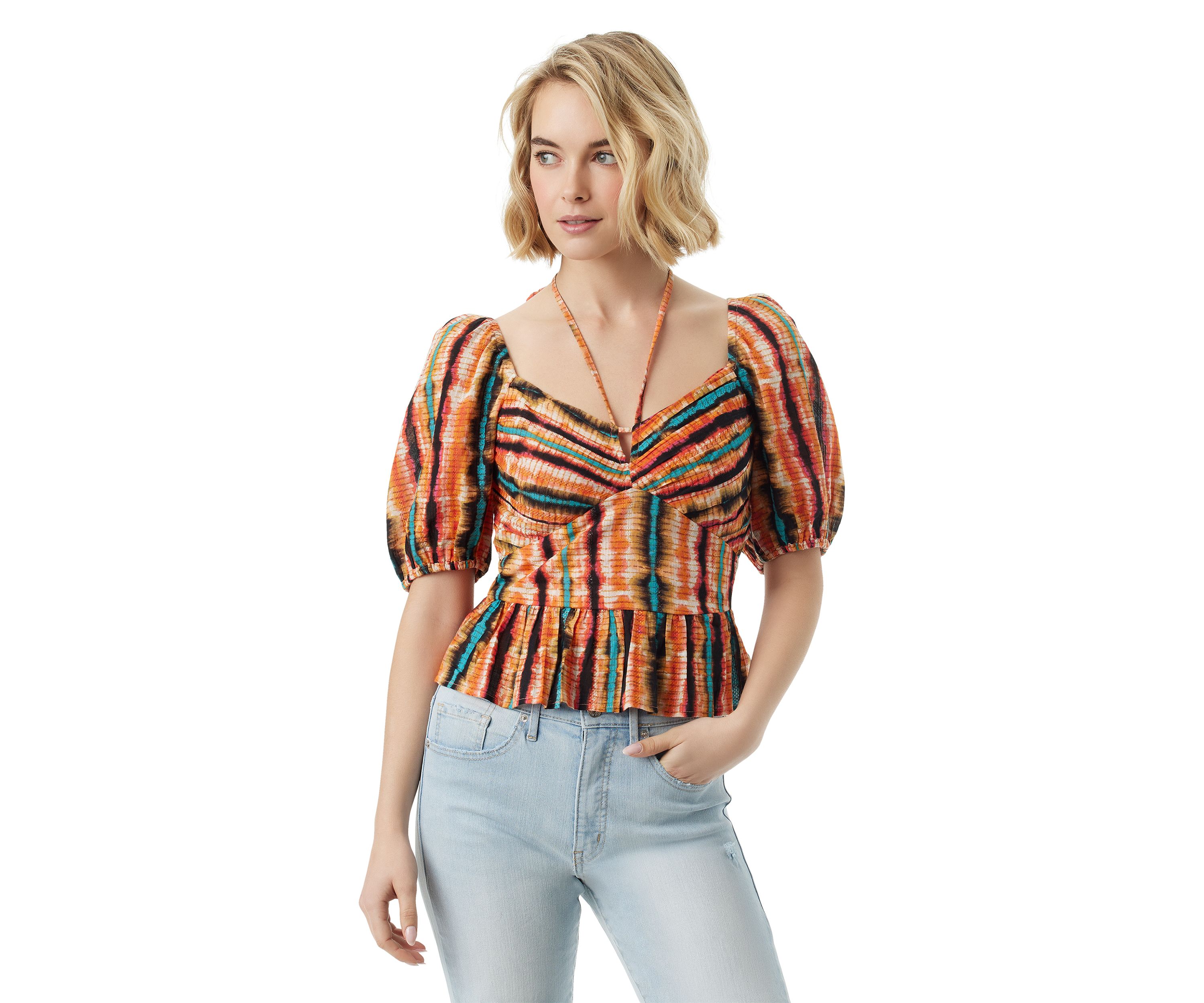 Womens Puff Sleeve Tie Neck Top