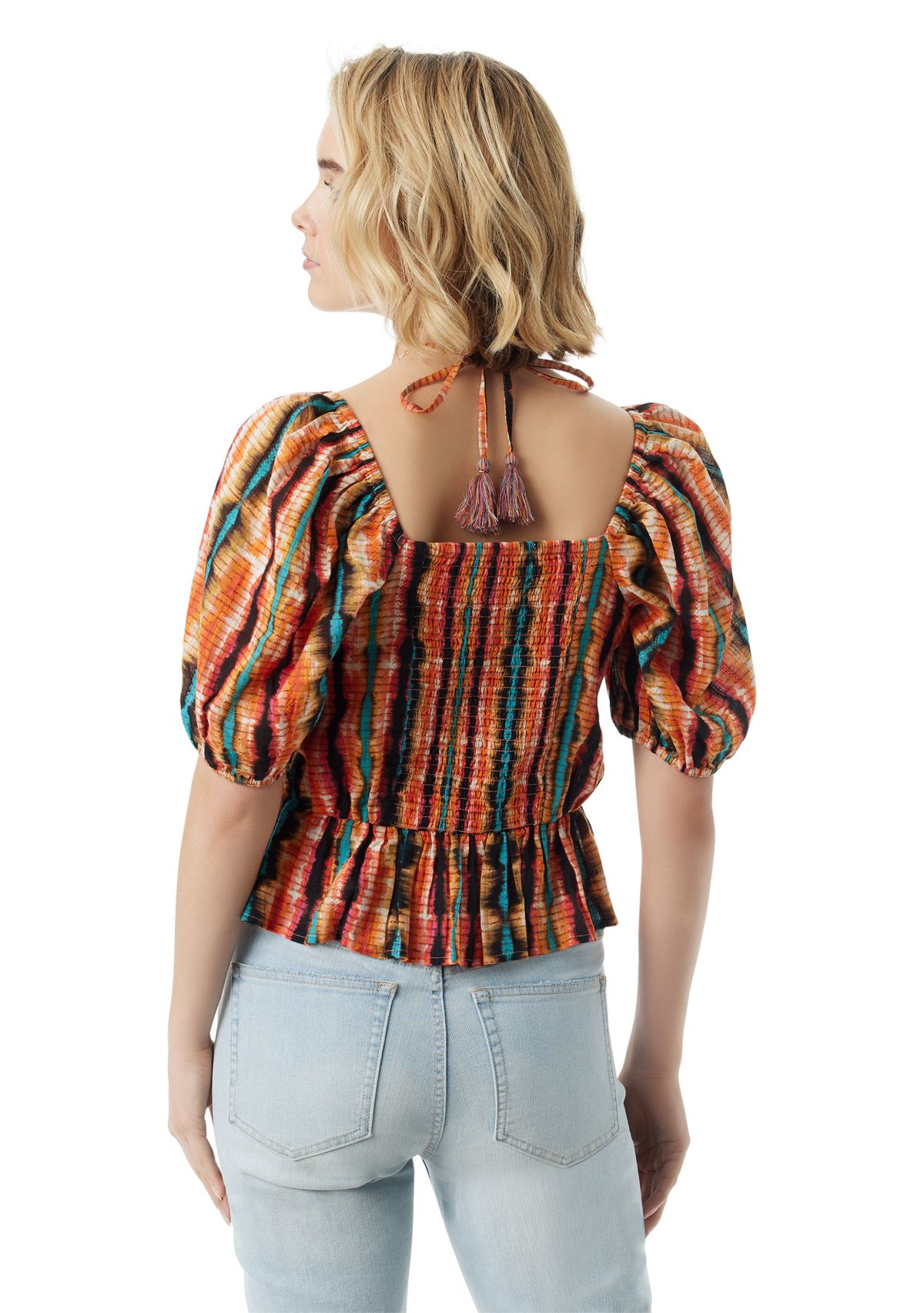 Womens Puff Sleeve Tie Neck Top