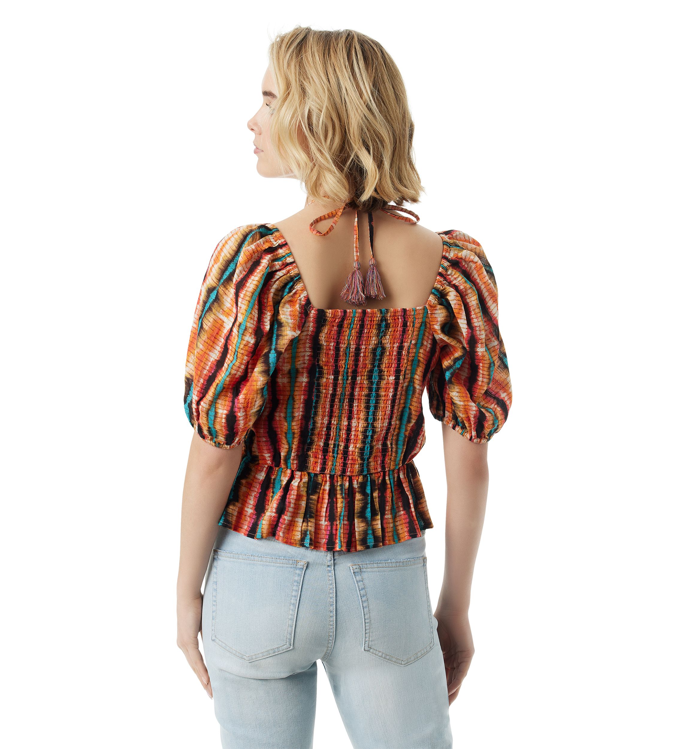 Womens Puff Sleeve Tie Neck Top