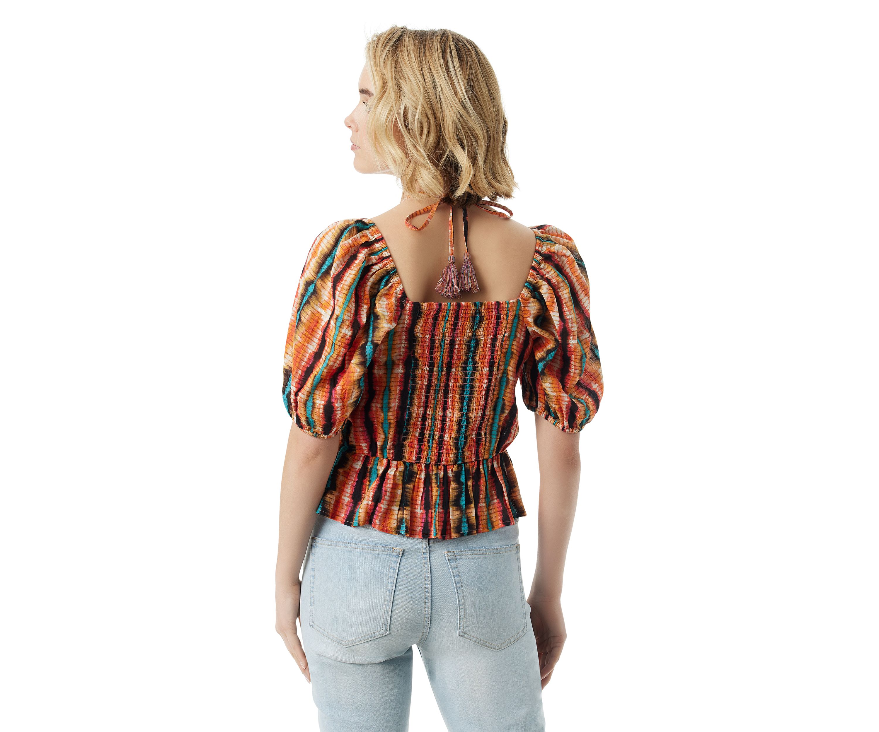 Womens Puff Sleeve Tie Neck Top