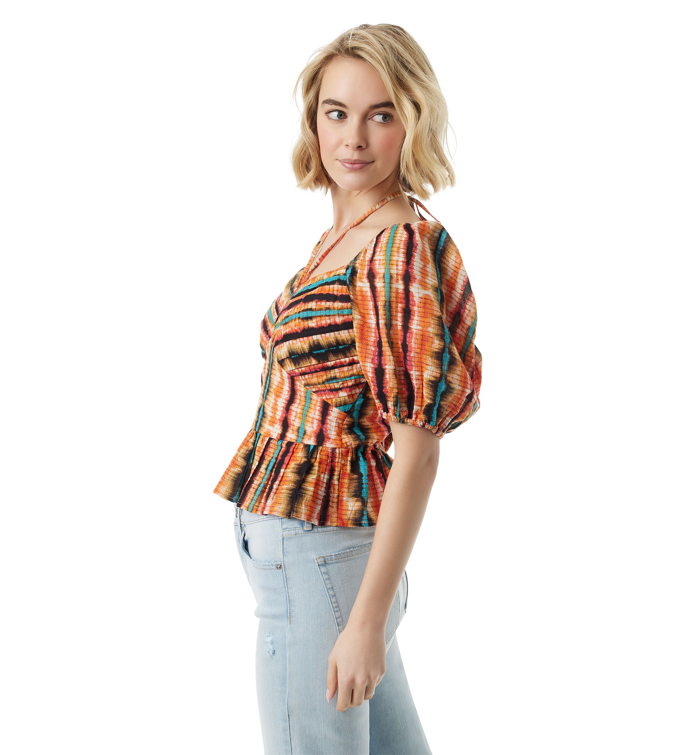 Womens Puff Sleeve Tie Neck Top