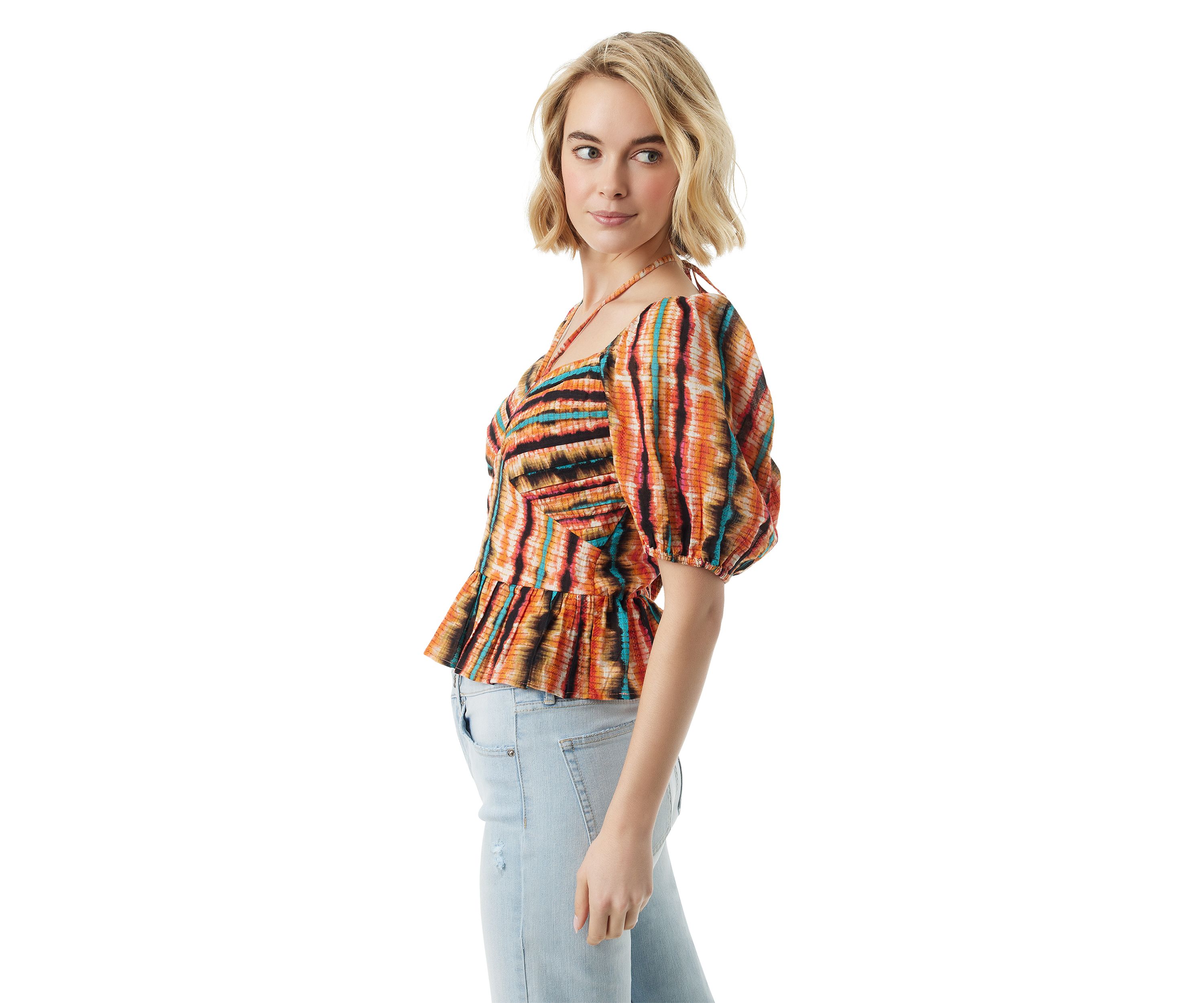 Womens Puff Sleeve Tie Neck Top