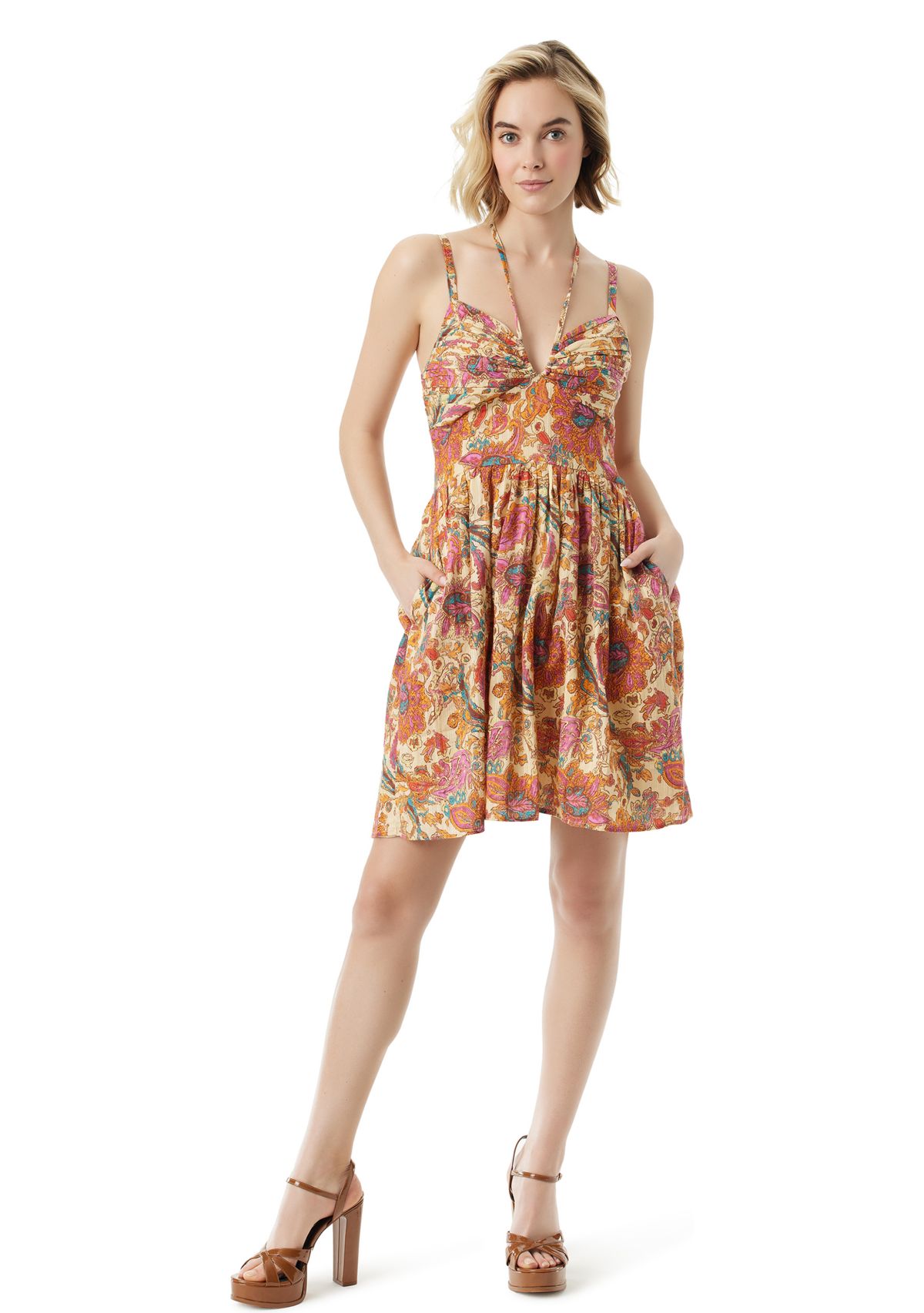 Womens Printed Tie Neck Dress