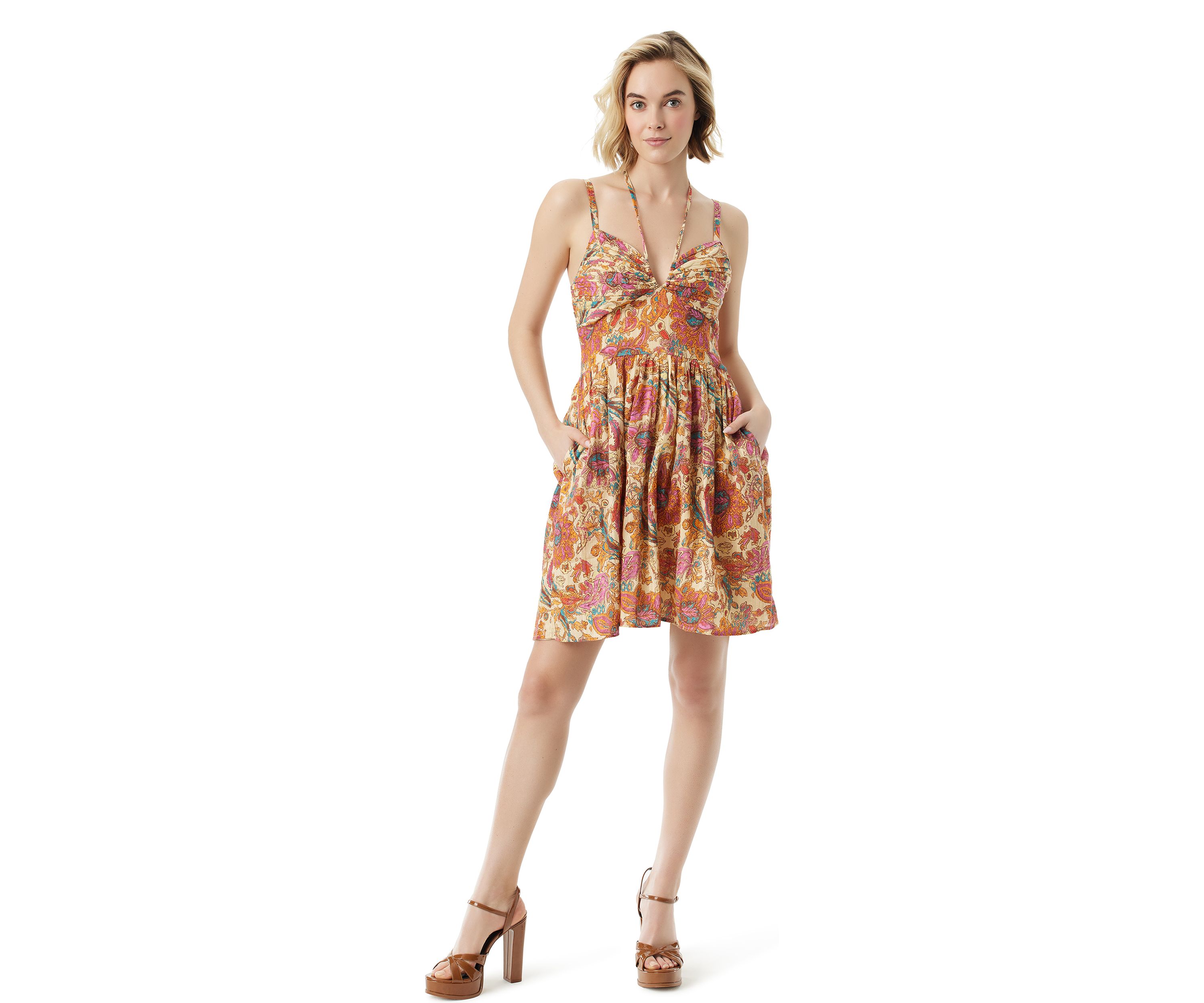 Womens Printed Tie Neck Dress