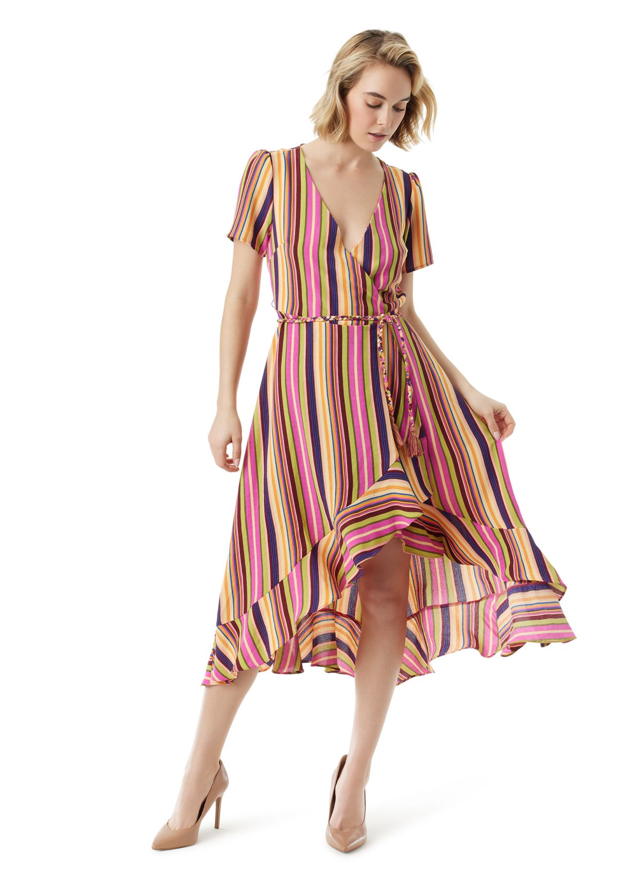 Short Sleeve Ruffle Wrap Stripe Dress 