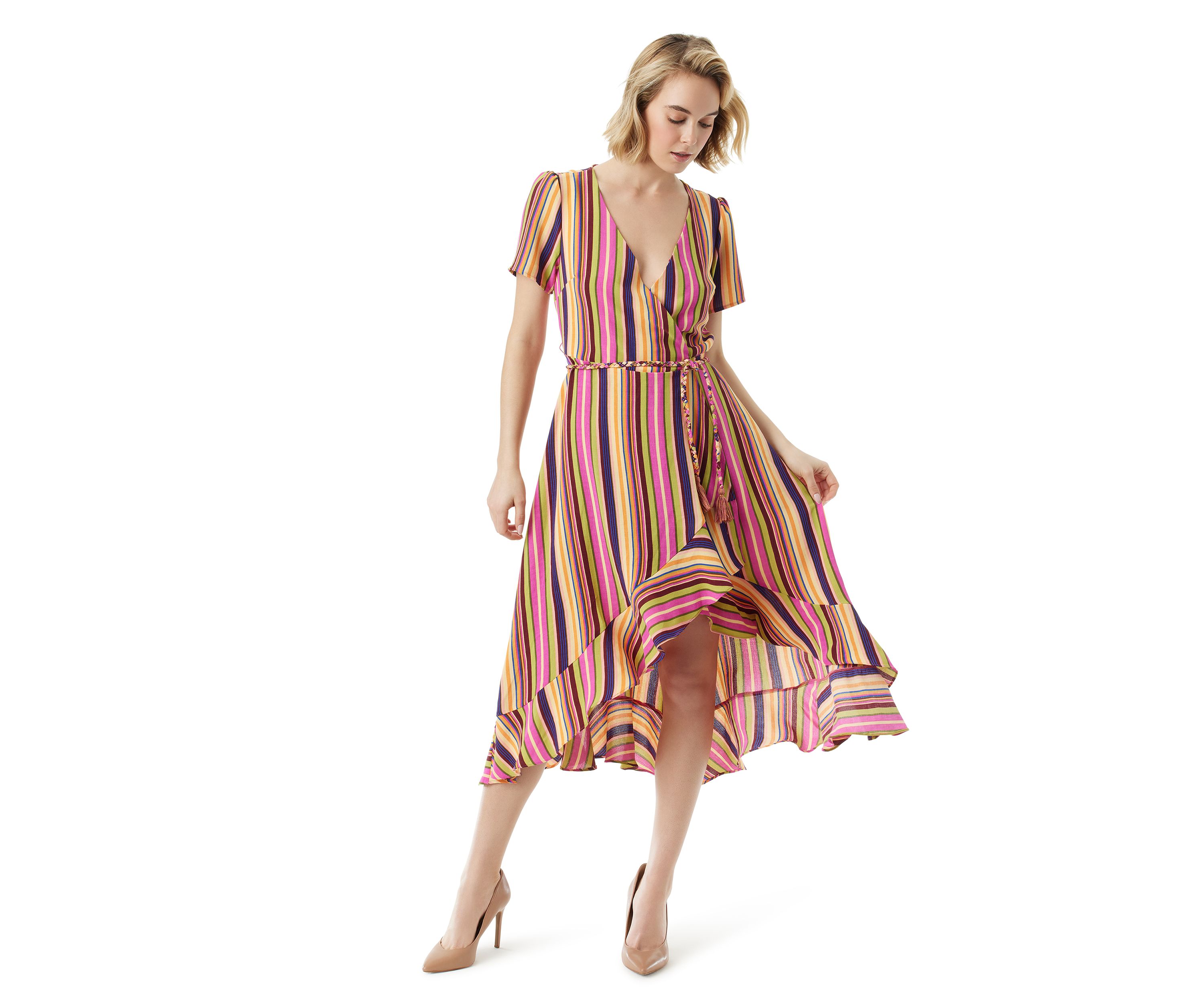 Short Sleeve Ruffle Wrap Stripe Dress 