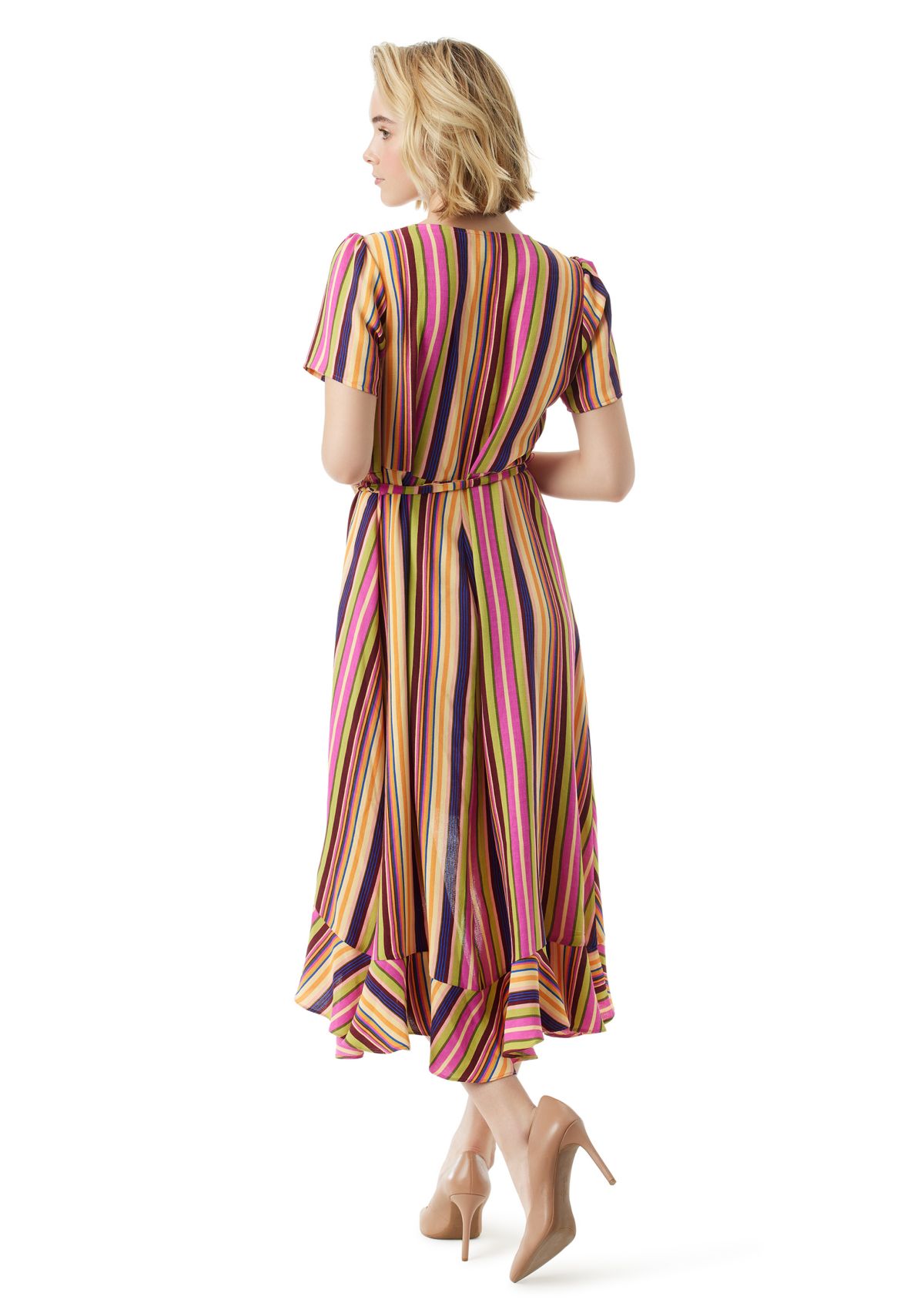 Short Sleeve Ruffle Wrap Stripe Dress 