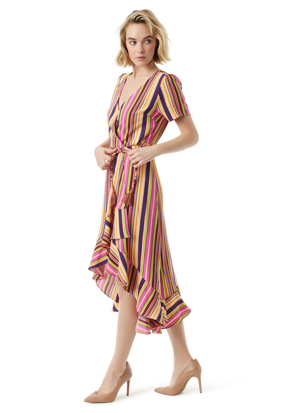 Short Sleeve Ruffle Wrap Stripe Dress 