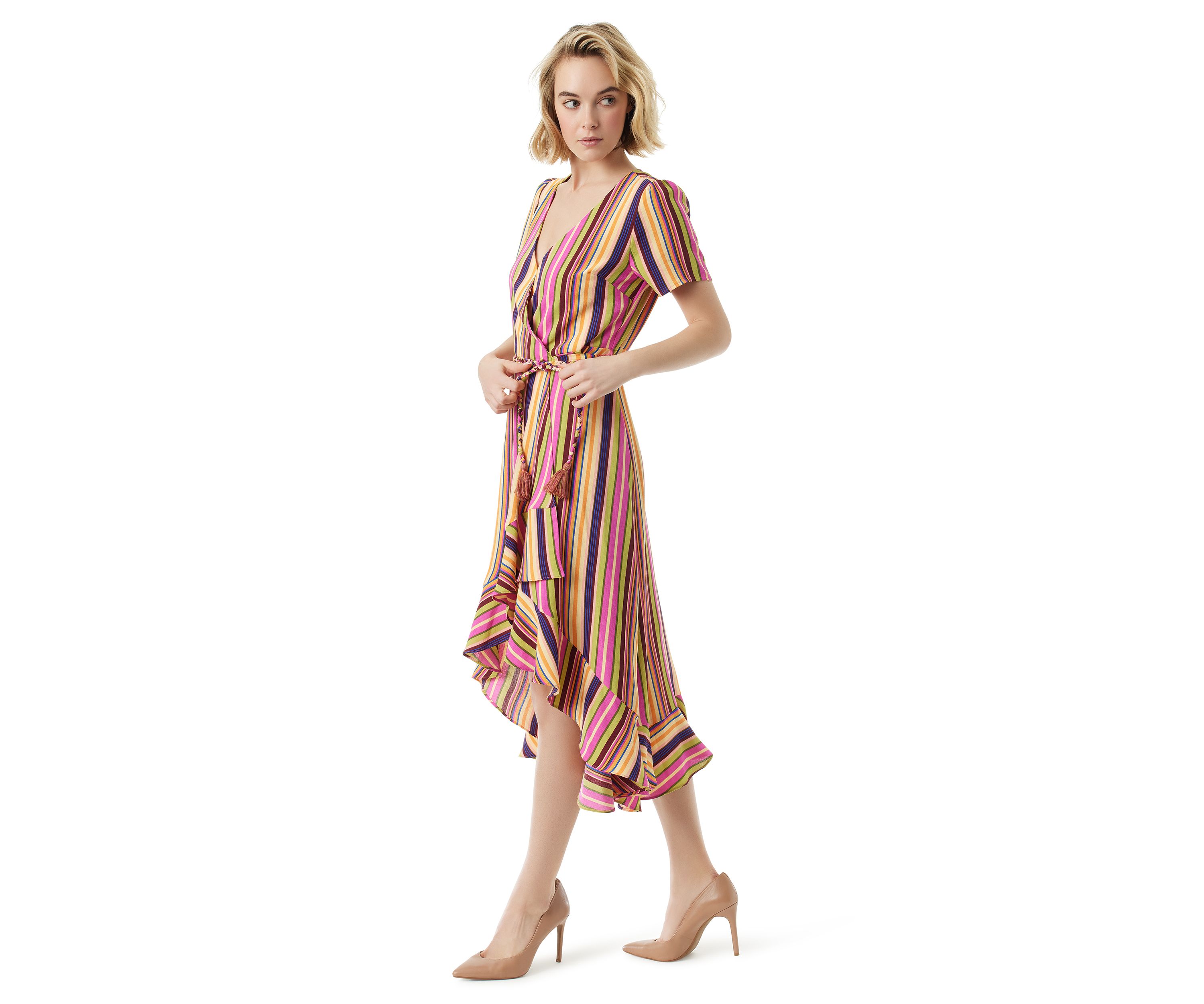 Short Sleeve Ruffle Wrap Stripe Dress 