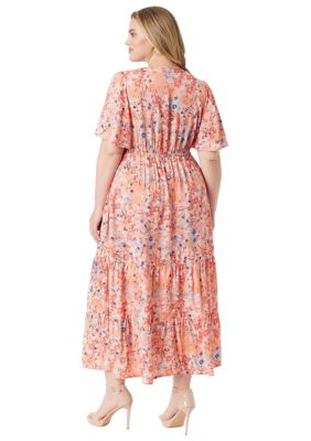 Final Sale Plus Size Maxi Dress with Cut Outs in Orange & Pink Print S