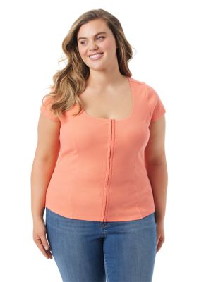 Jessica Simpson Women's Plus Size Ribbed Knit Corset Detail Top, Pink, 3X