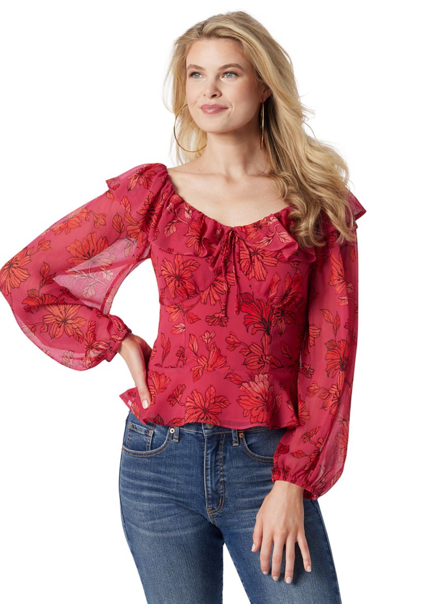 Womens Printed Blouson Sleeve Blouse