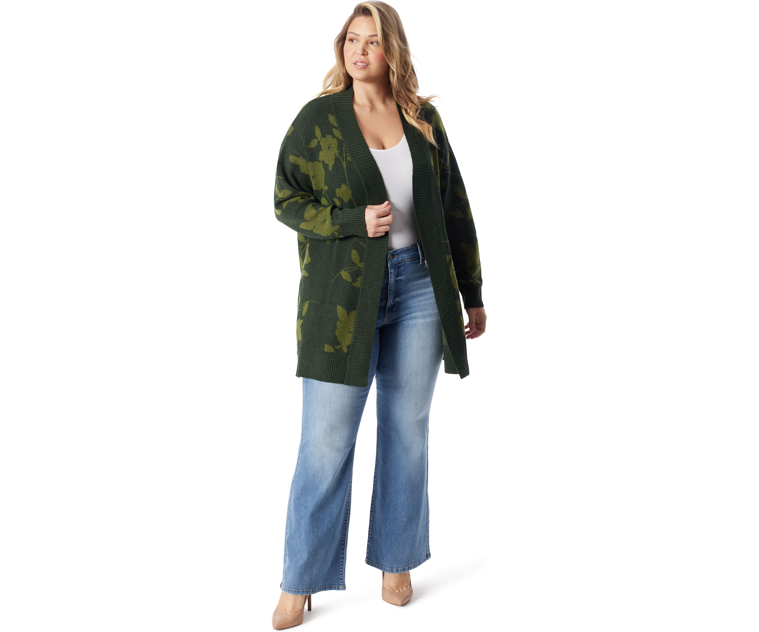 Plus Size Open Front Jacquard Printed Cardigan