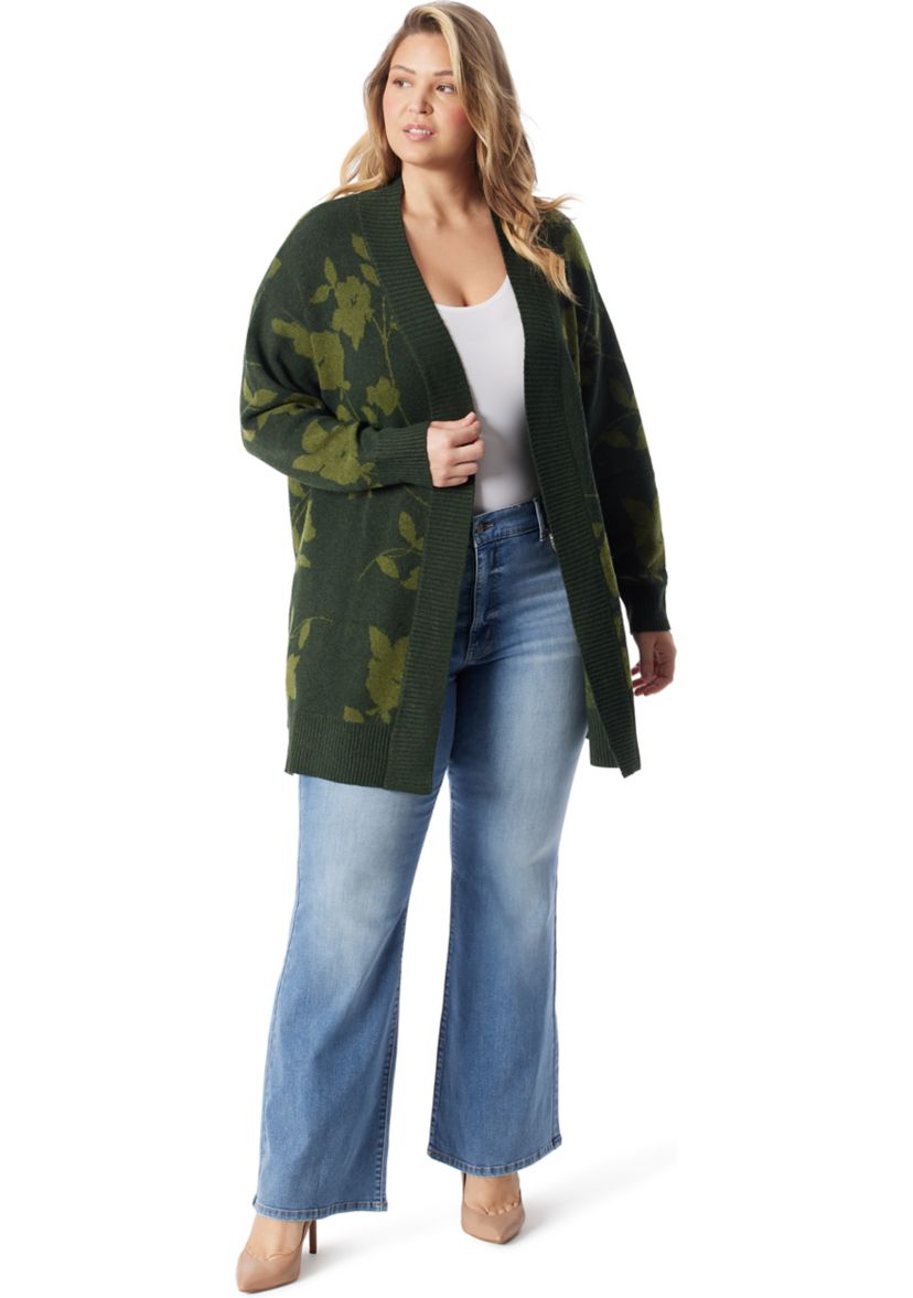 Plus Size Open Front Jacquard Printed Cardigan