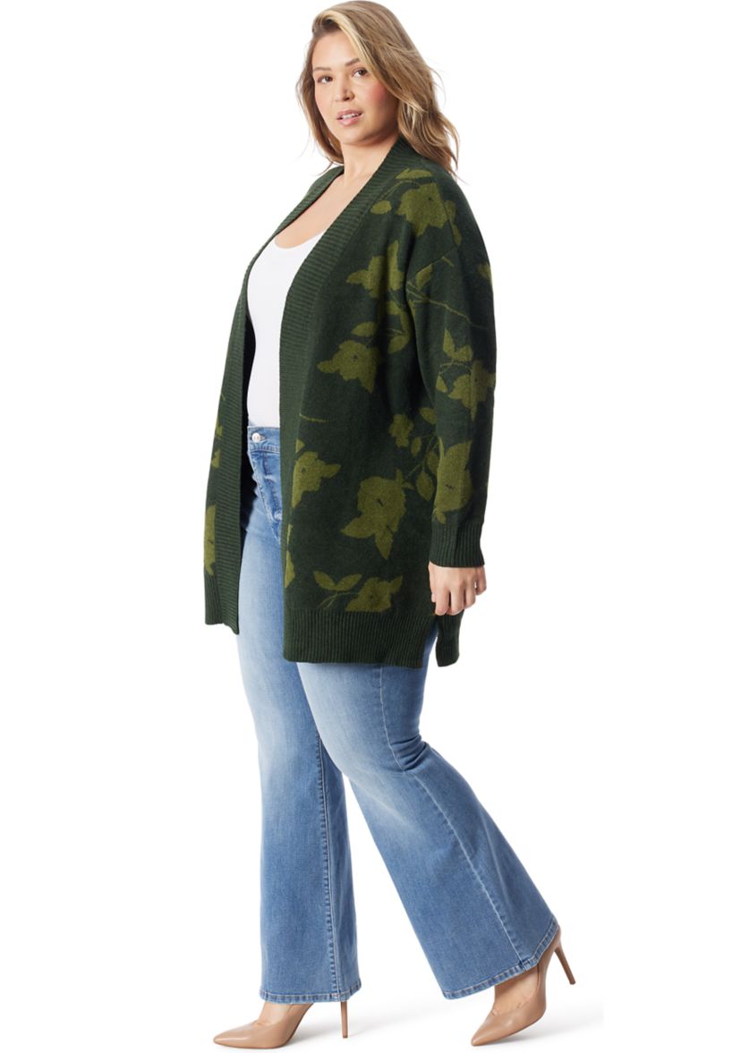 Plus Size Open Front Jacquard Printed Cardigan