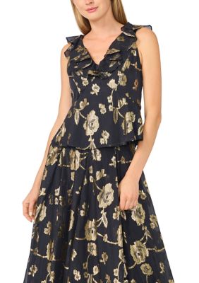Ted Baker Women's Sleeveless Flutter V-Neck Foil Floral Blouse, Black, 8