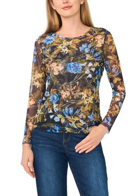 Ted Baker Women's Long Sleeve Floral Crew Neck Mesh Top